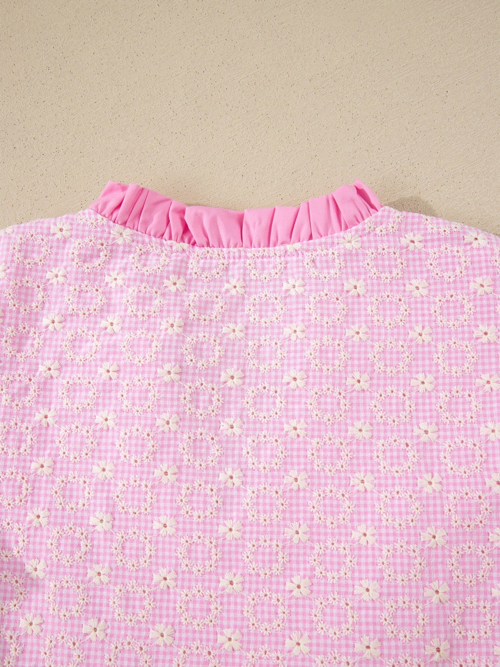 Eyelet Embroidered Flower Texture Contrast Lace Trim Flutter Sleeve Blouse