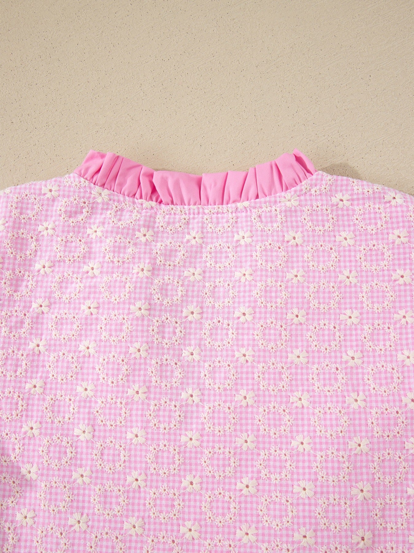 Eyelet Embroidered Flower Texture Contrast Lace Trim Flutter Sleeve Blouse
