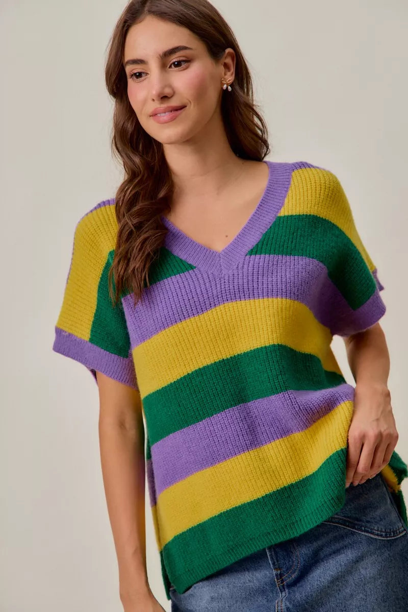 SO ME Mardi Gras Loose Fit V Neck Stripe Sweater Top