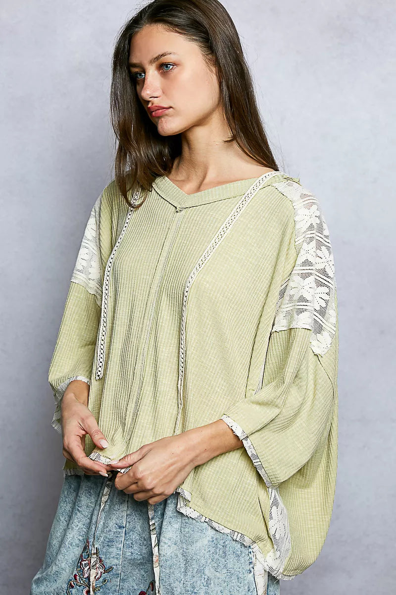 POL Short Sleeve Hoodie Top with Lace Detail