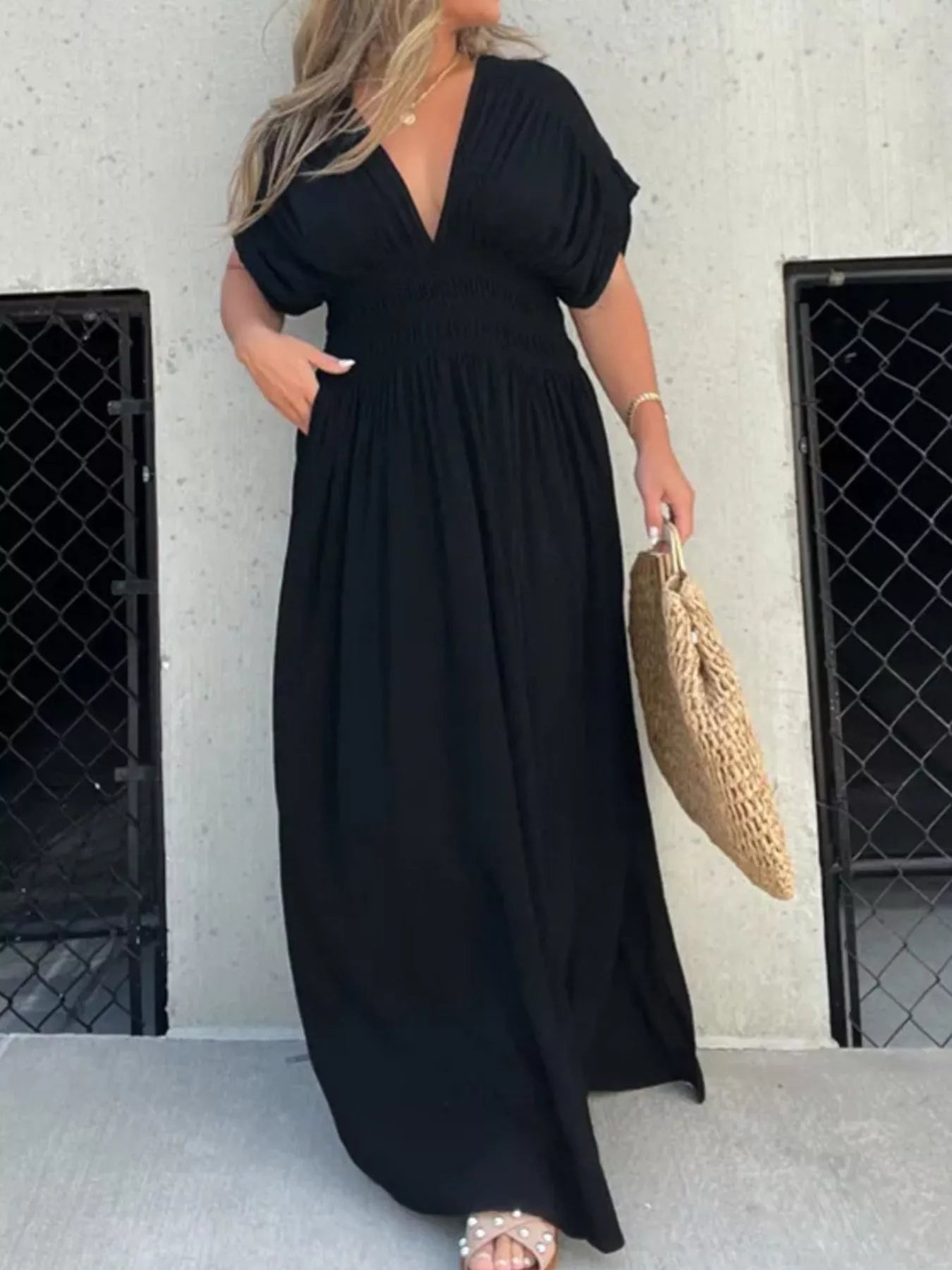 Full Size Slit V-Neck Smocked Waist Maxi Dress Plus Size