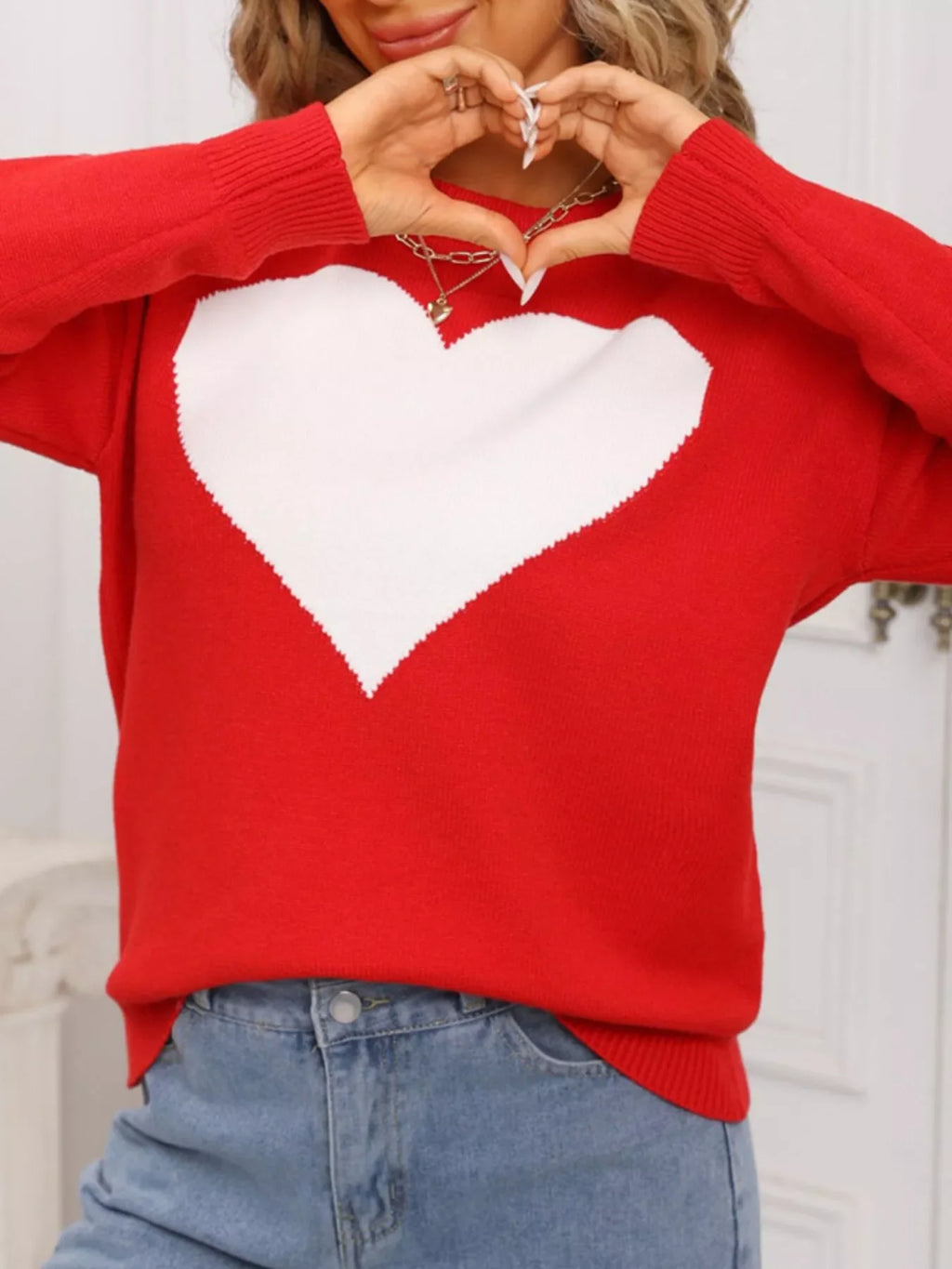 Valentine's Day Heart Round Neck Dropped Shoulder Sweater