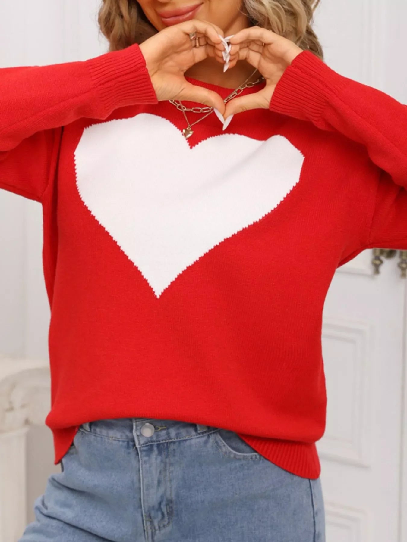 Valentine's Day Heart Round Neck Dropped Shoulder Sweater