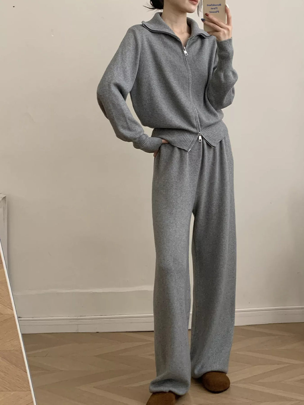 Zip Up Outerwear and Wide Leg Pants Set