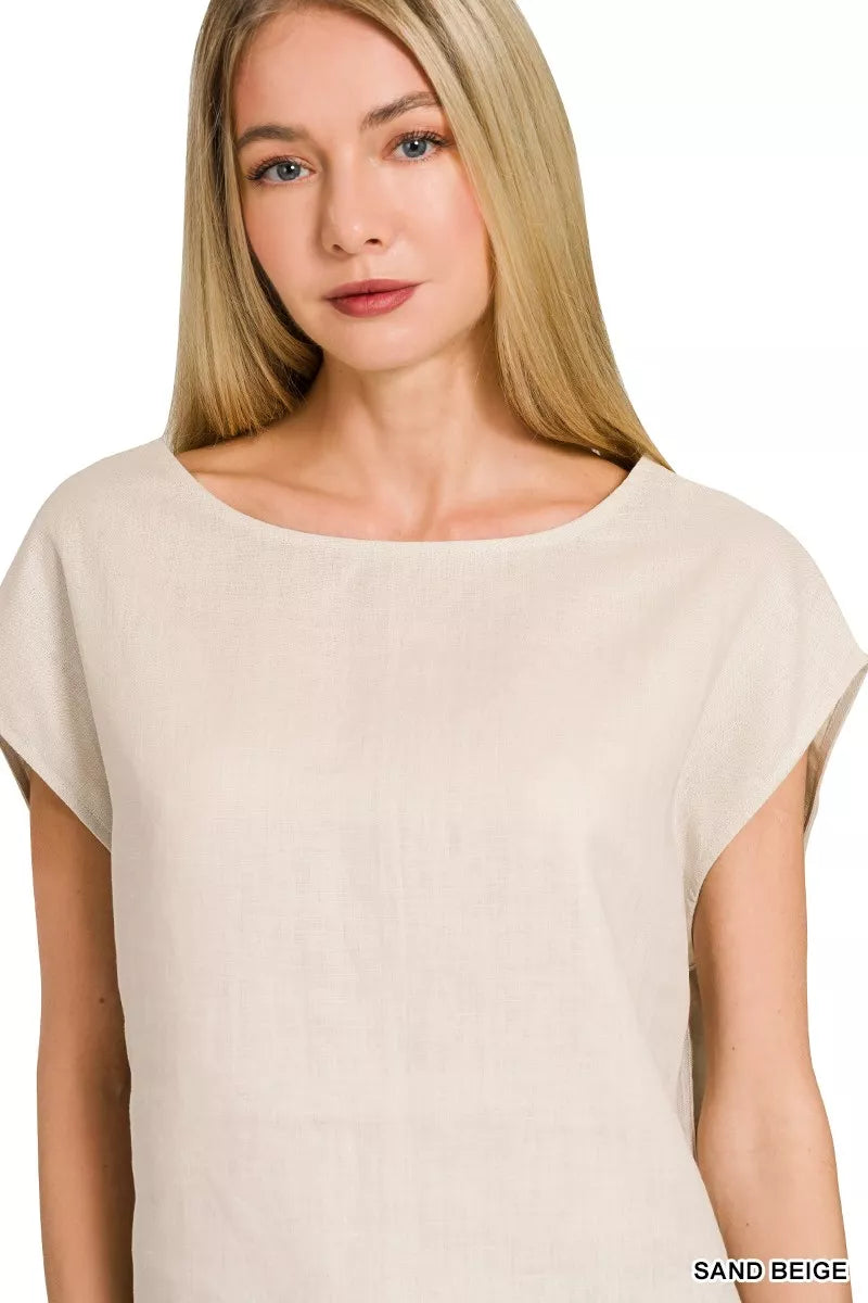 Zenana Linen Round Neck Cap Sleeve Top