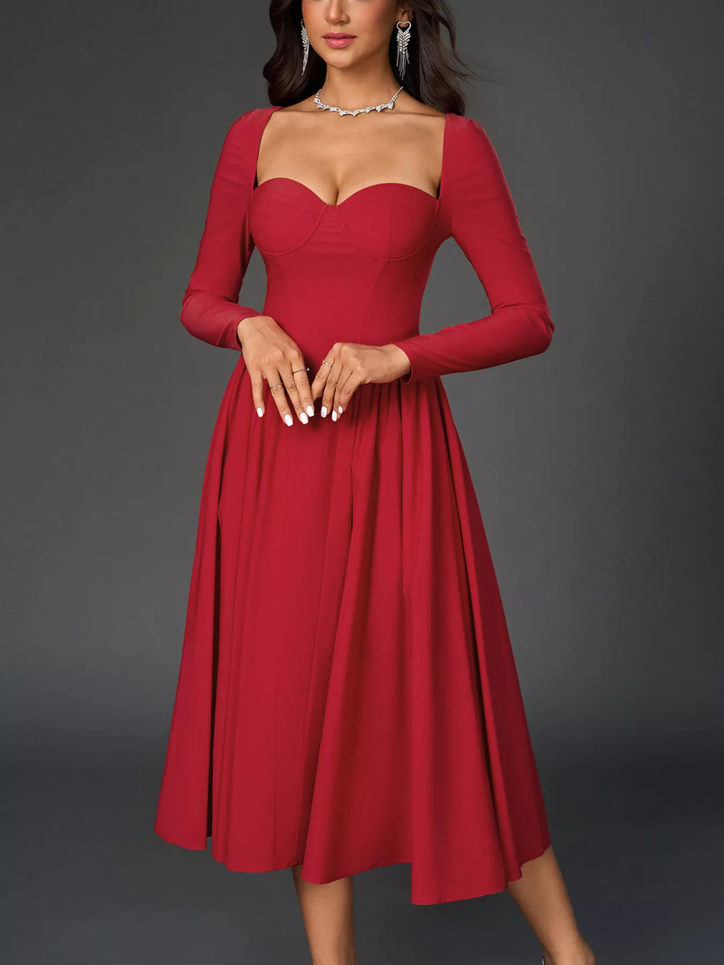 Sweetheart Neckline Long Sleeve A-Line Midi Dress