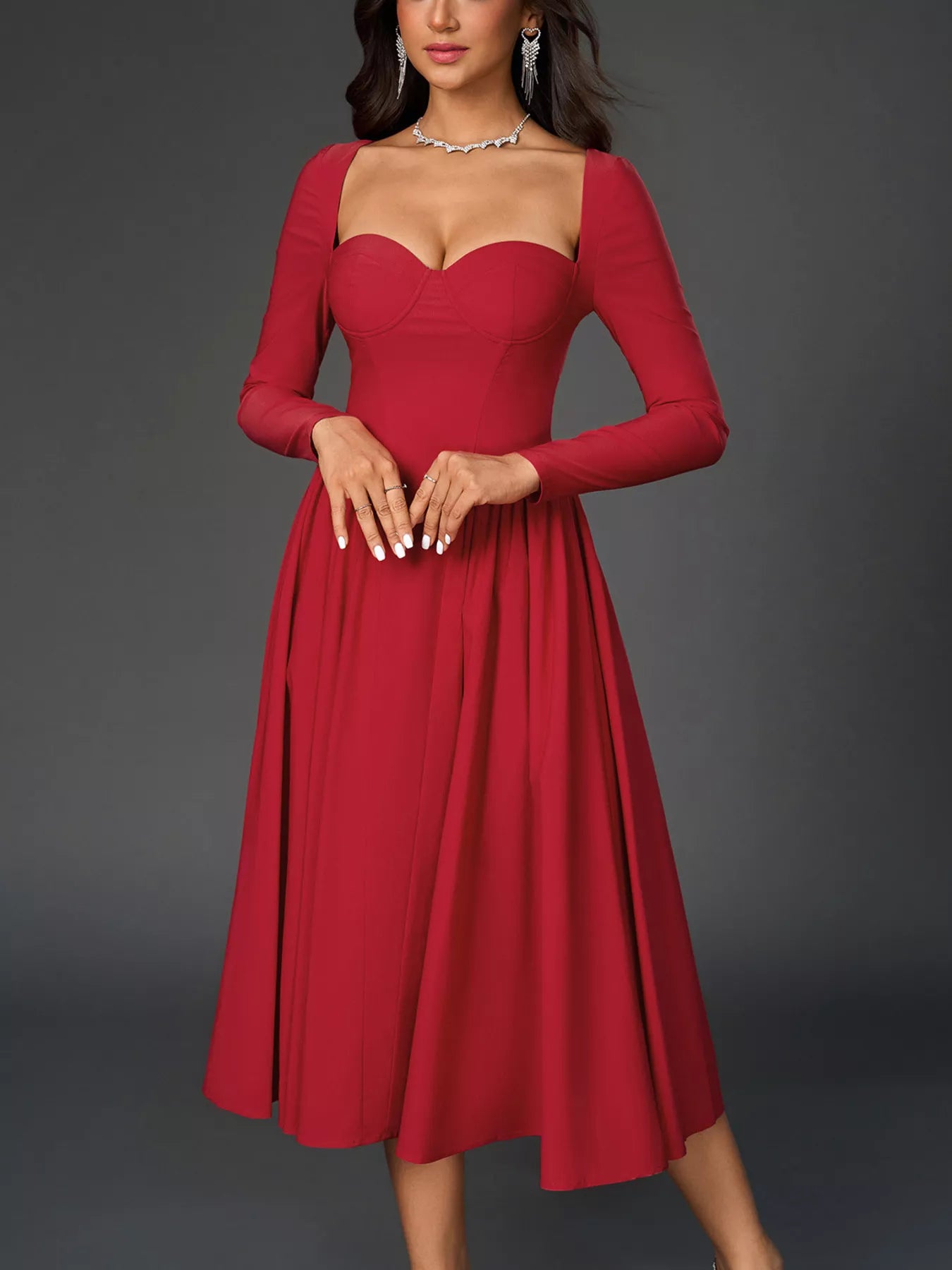Sweetheart Neckline Long Sleeve A-Line Midi Dress