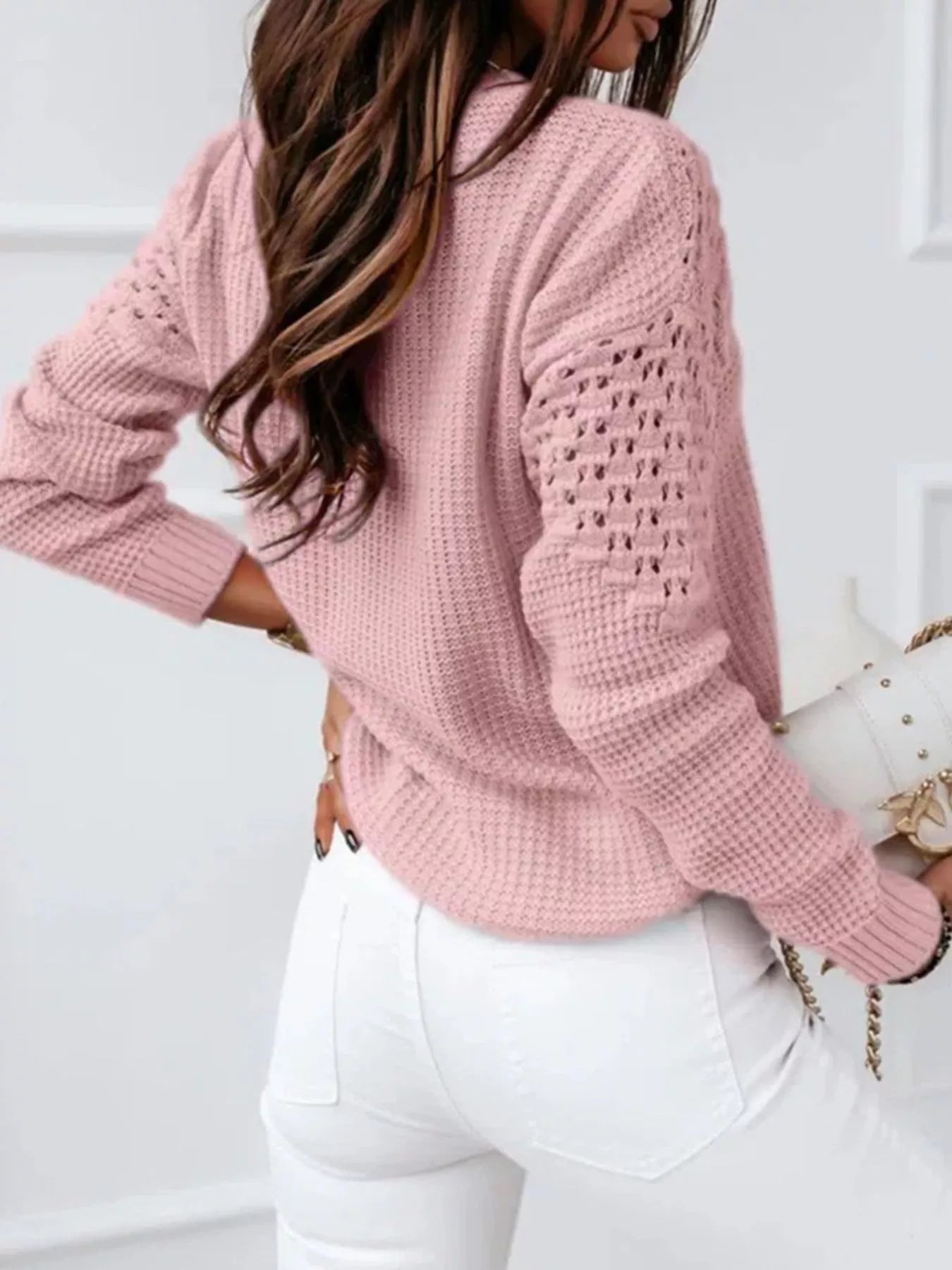 Textured Openwork Round Neck Sweater