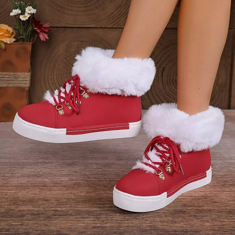 Fuzzy Trim Lace-Up Ankle Boots
