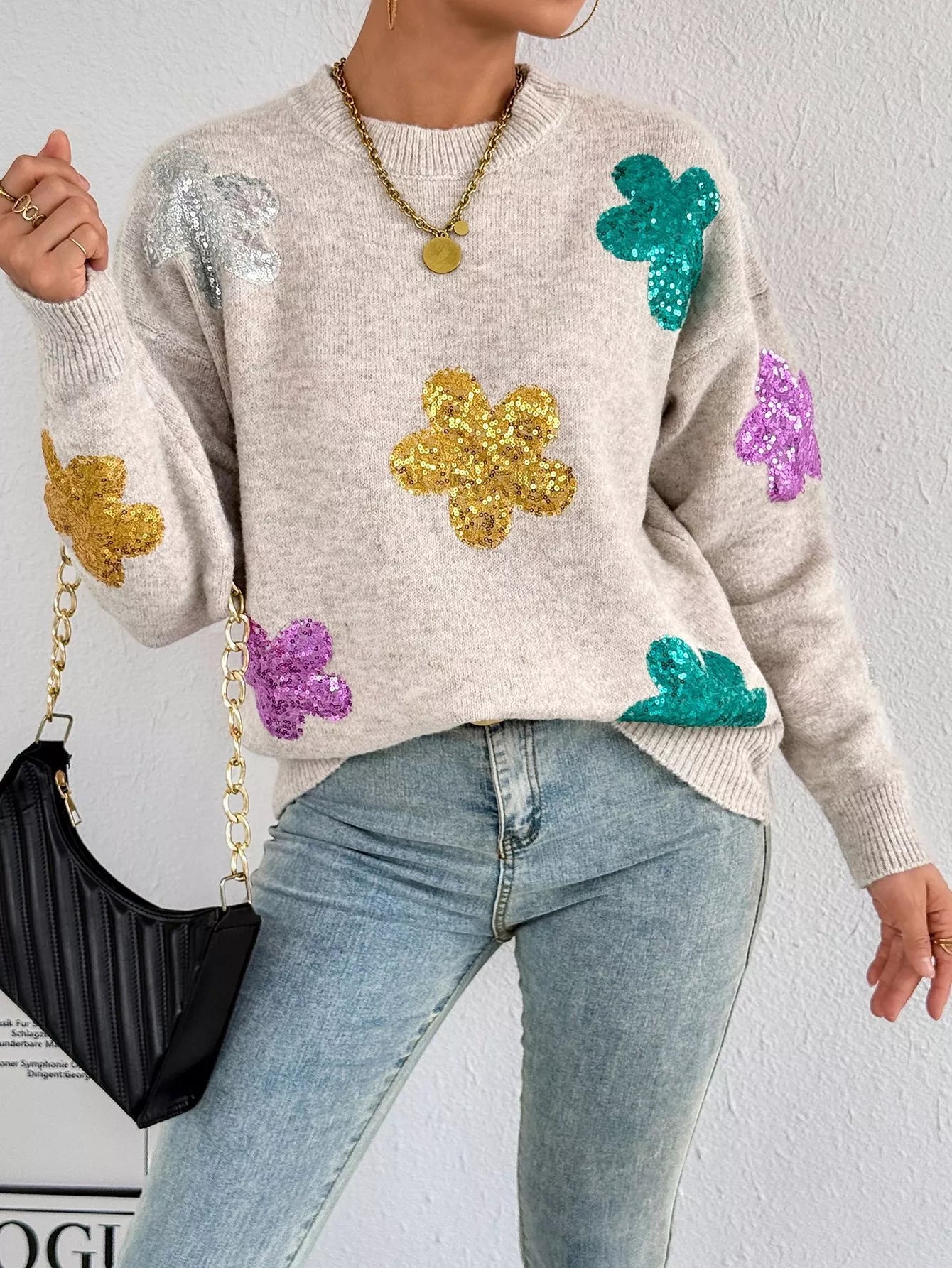 Sequined Floral Round Neck Sweater