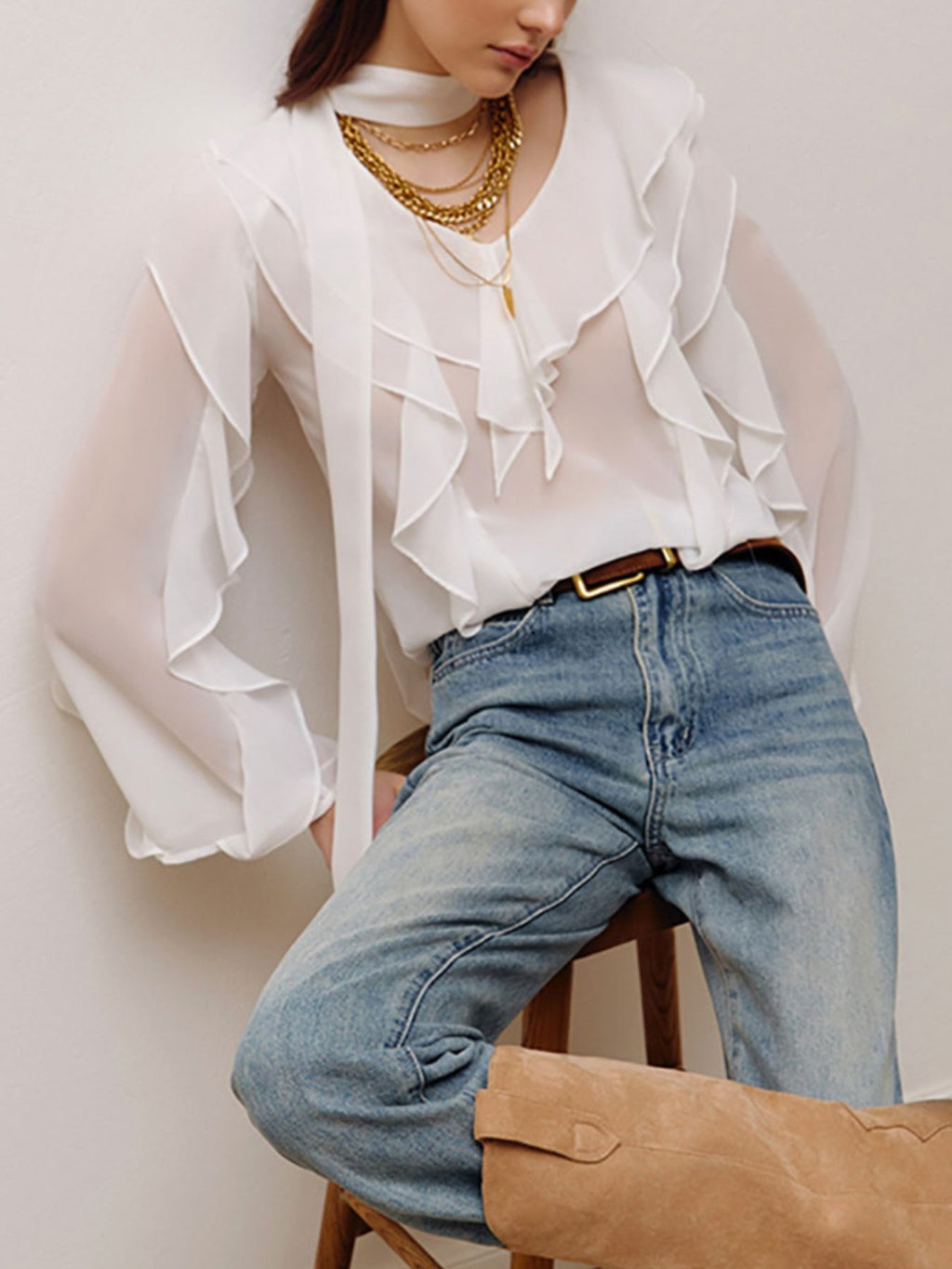 Ruffle Trim Chiffon Blouse