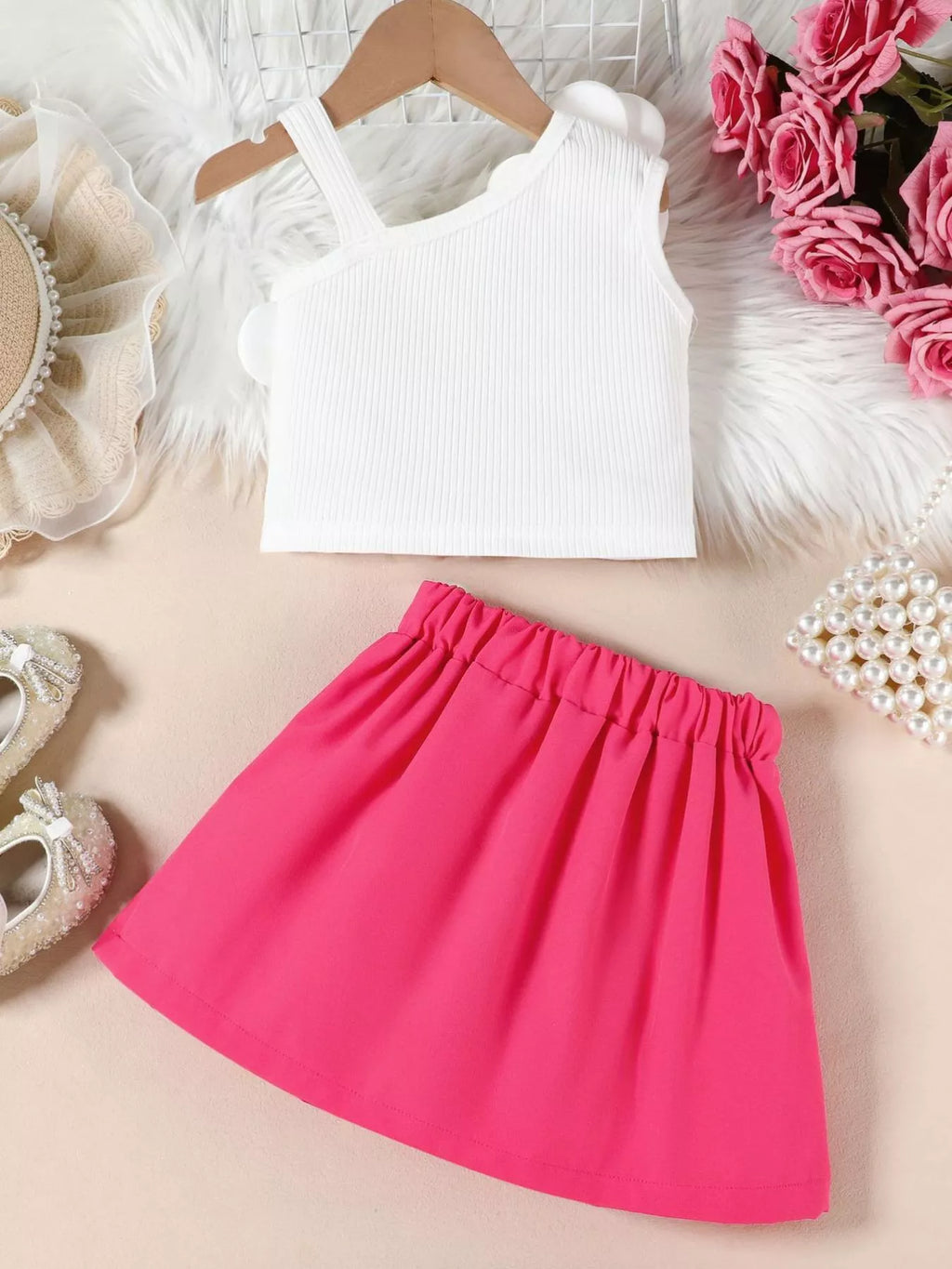 Children's Floral Applique Tank Top & Pleated Skirt Set