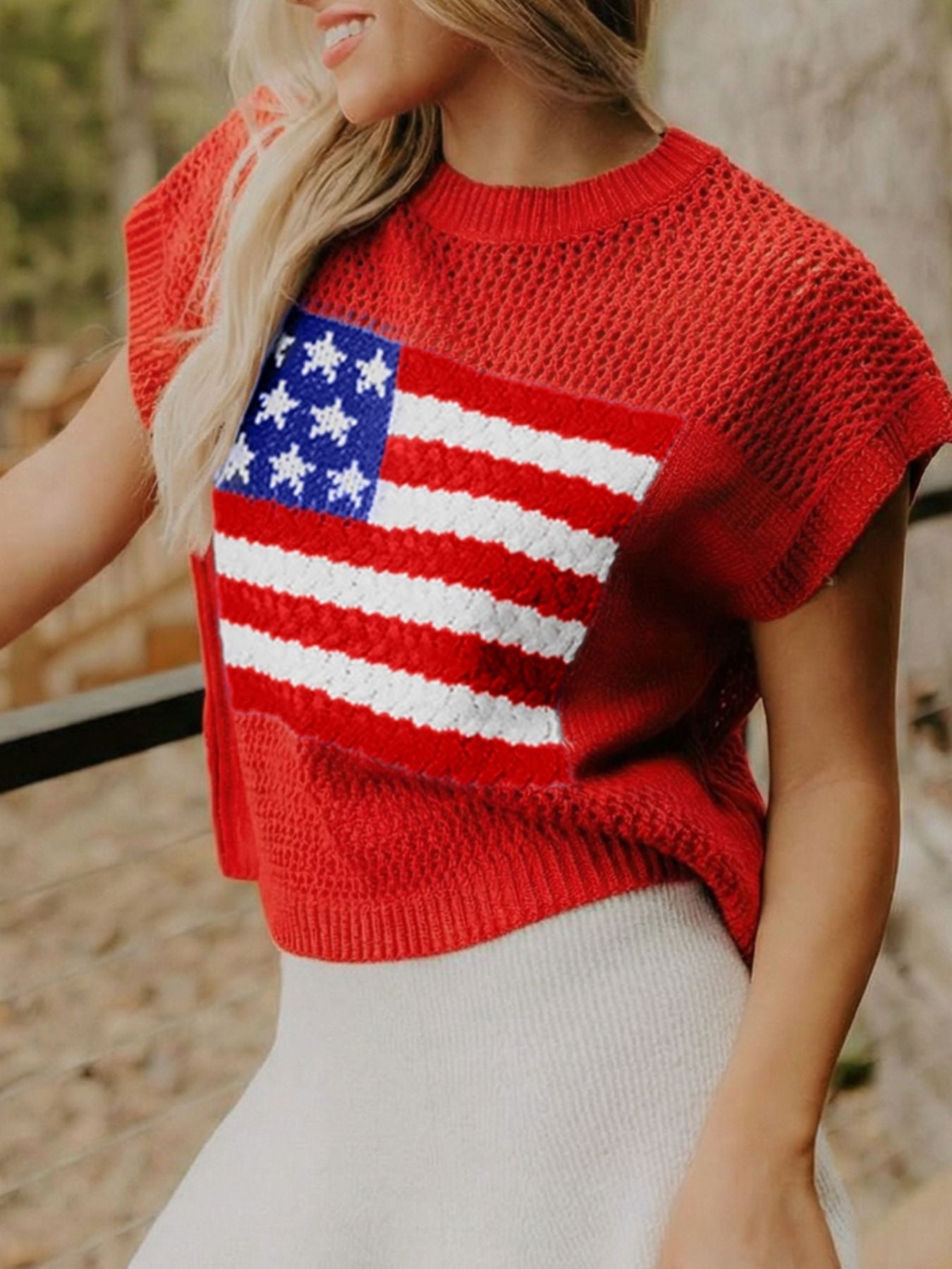 American Flag Knitted Short Sleeve Sweater