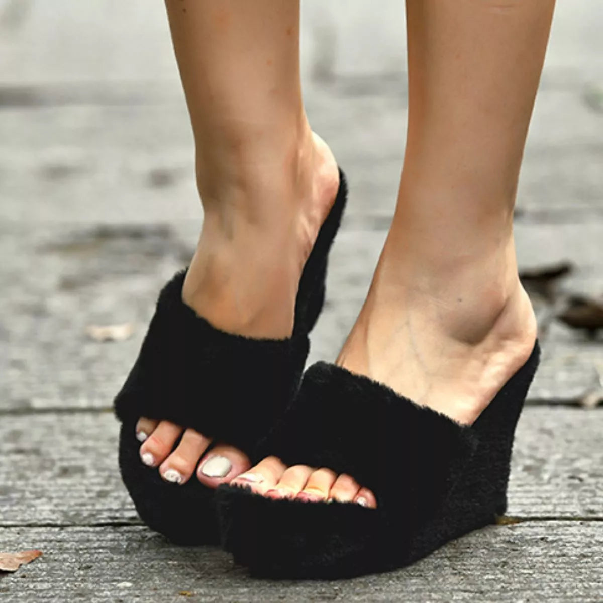 Fluffy Platform Wedge Slippers
