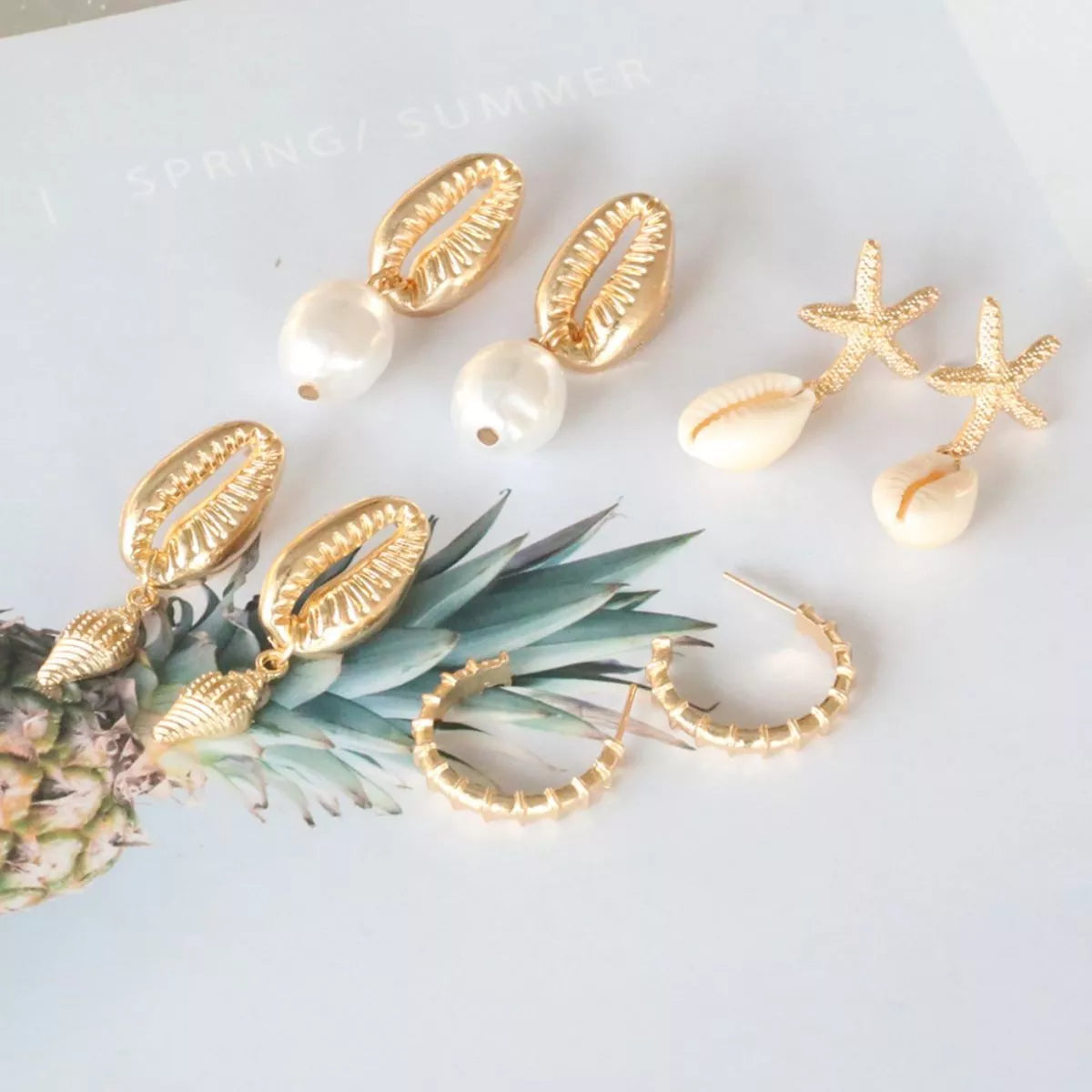 4 Pair 18K Gold-Plated Shell Minimalist Earrings