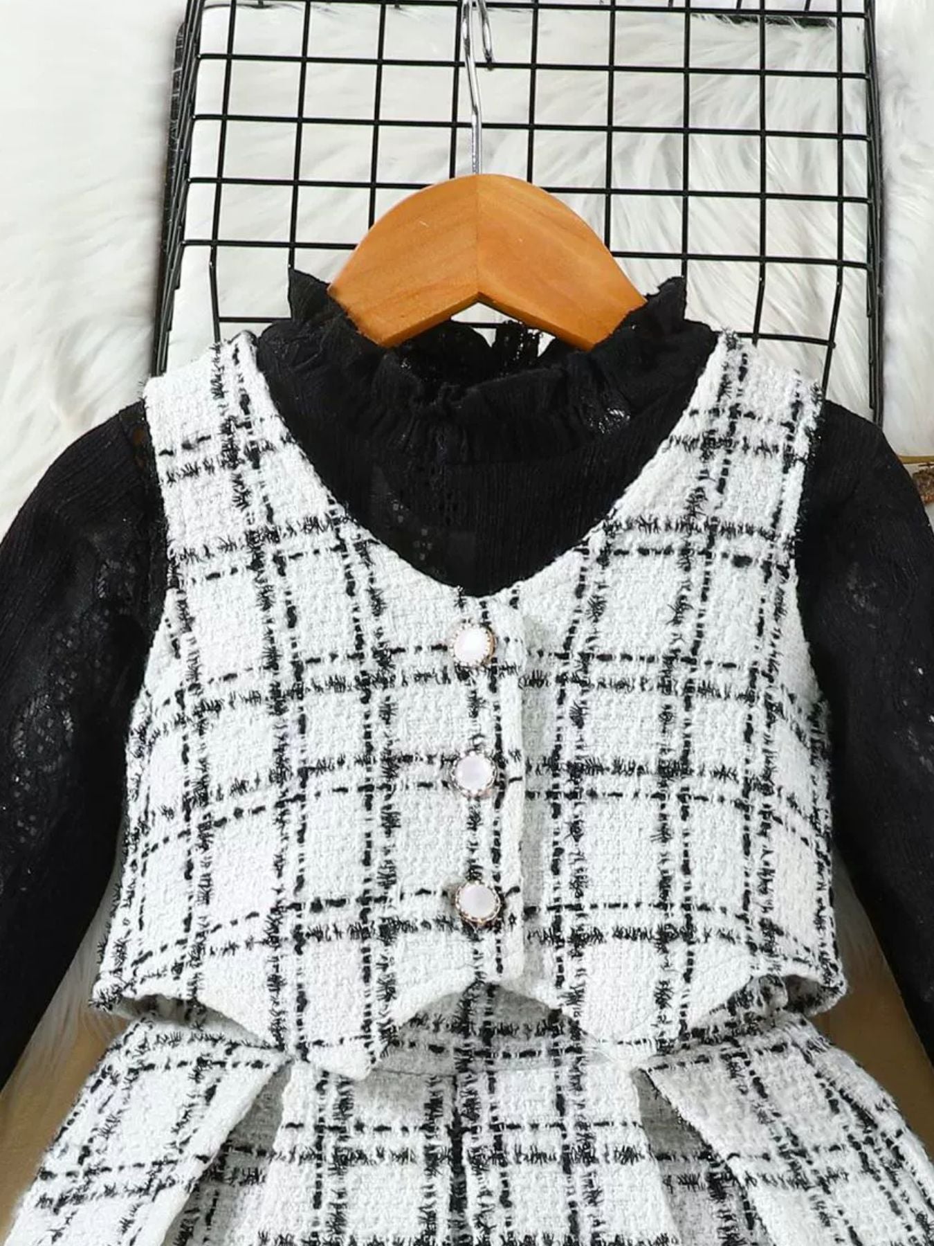 Children's Long Sleeve Top & Plaid Vest & Pleated Skirt Set