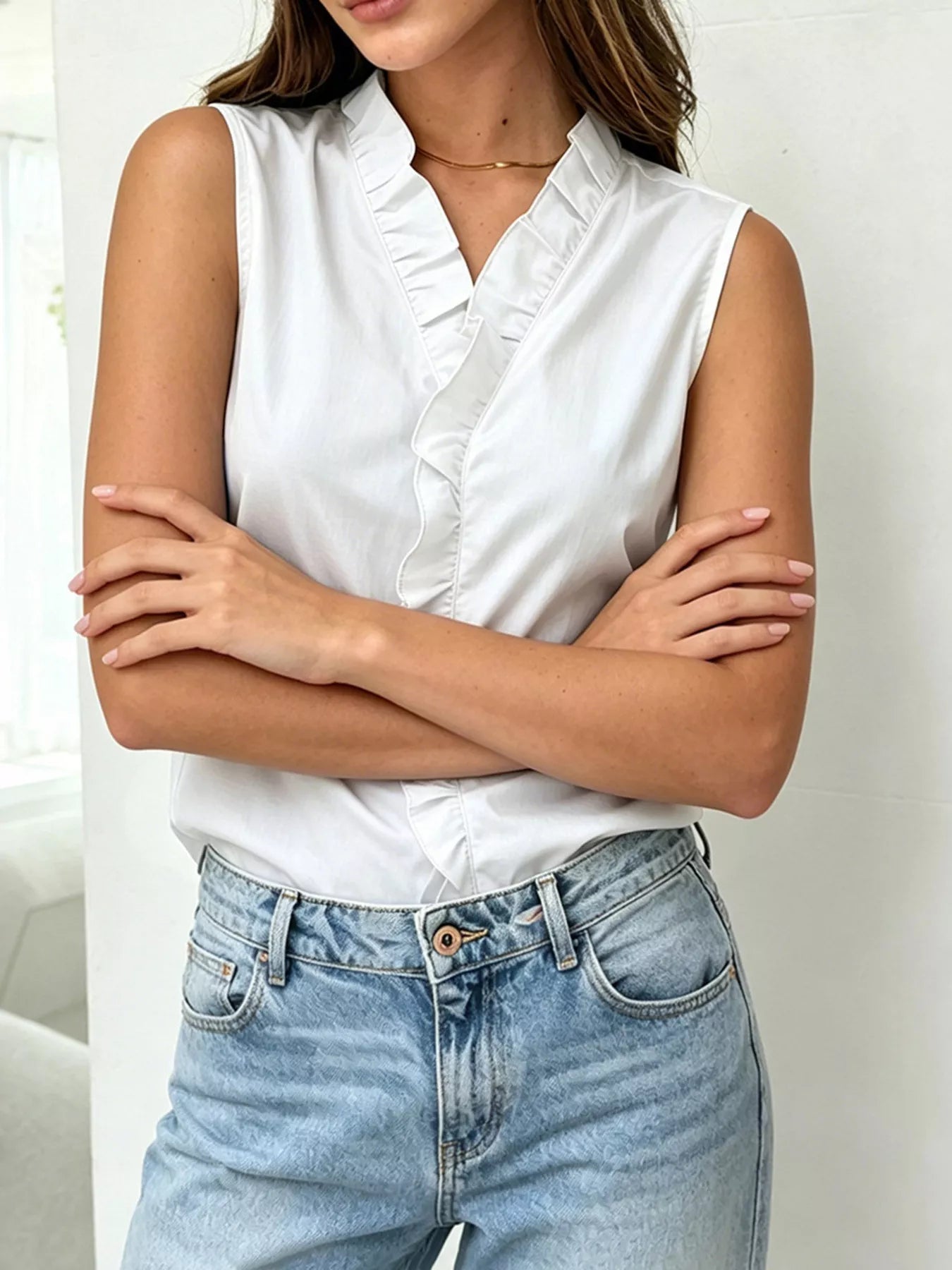 Sleeveless Ruffle V-Neck Blouse
