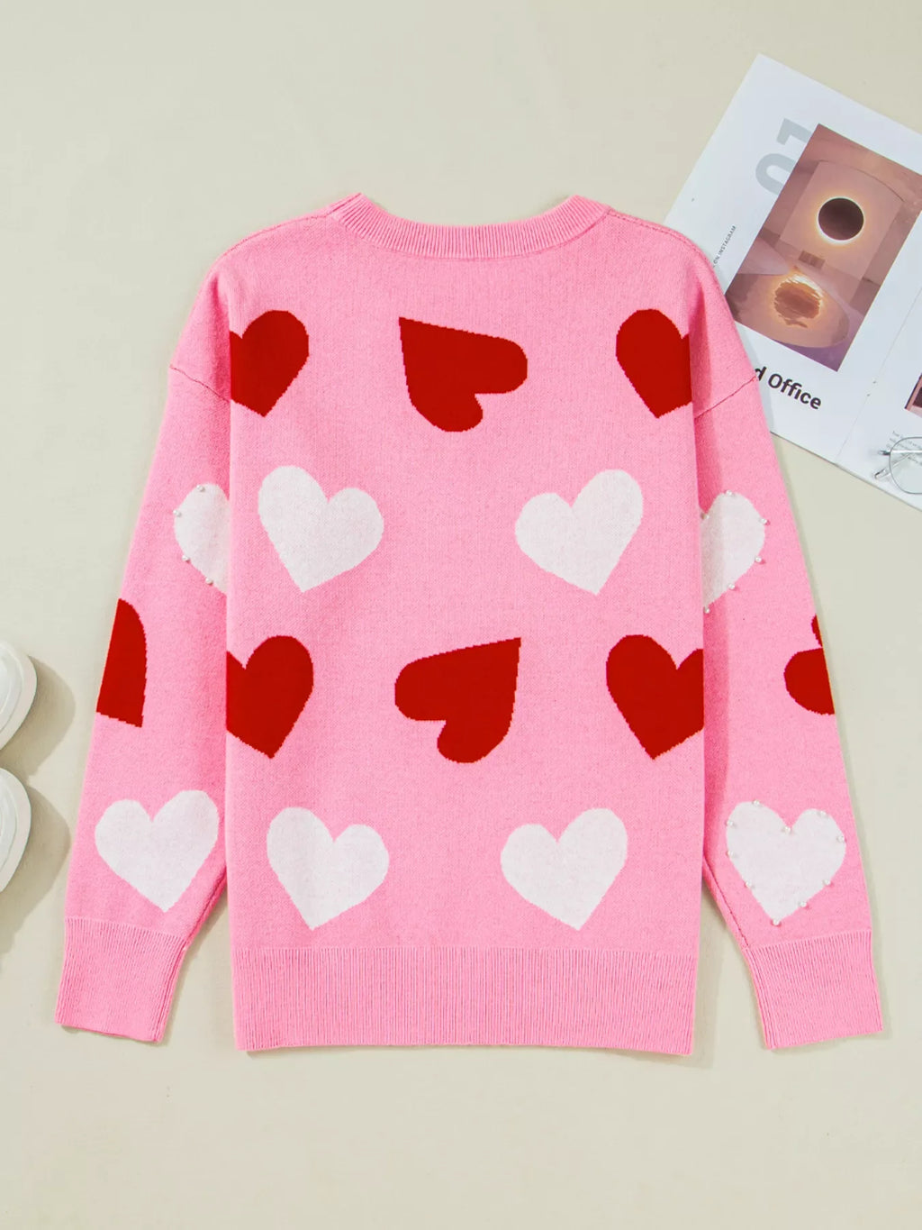 Pearl Embellished Heart Pattern Valentines Day Sweater