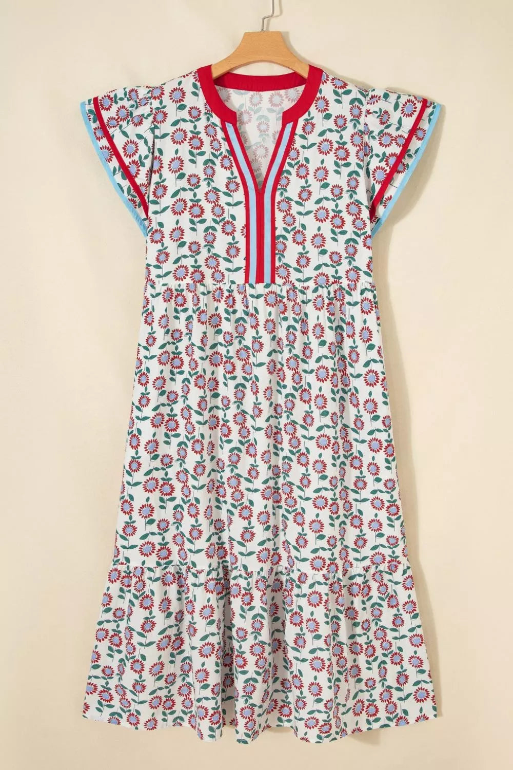 Floral Print Ruffle Sleeve Tiered Midi Dress