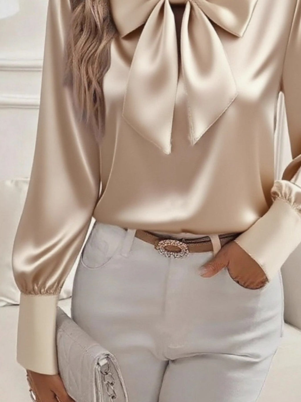 Satin Bow Tie Long Sleeve Top