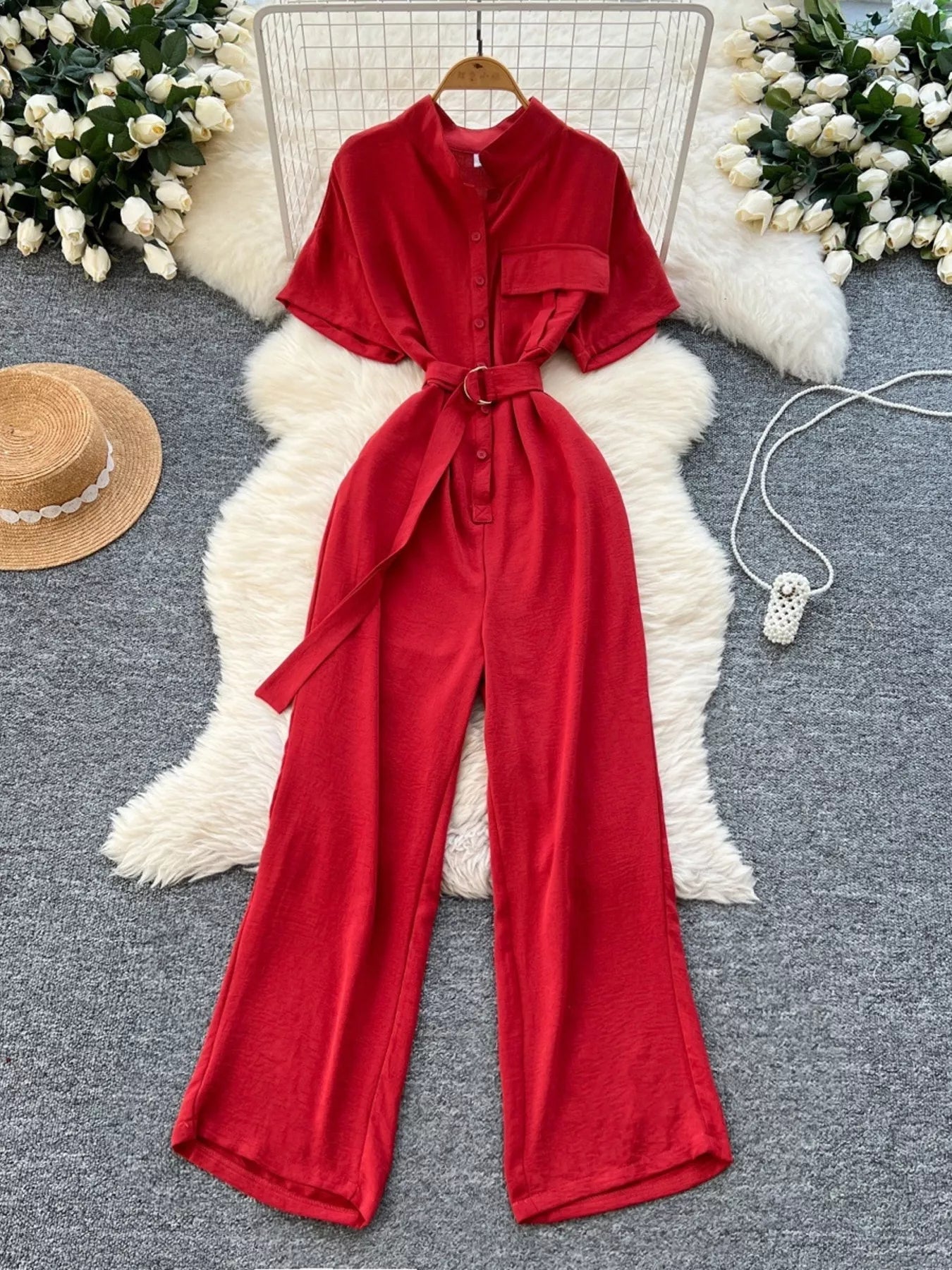 Button Front Wide Leg Jumpsuit