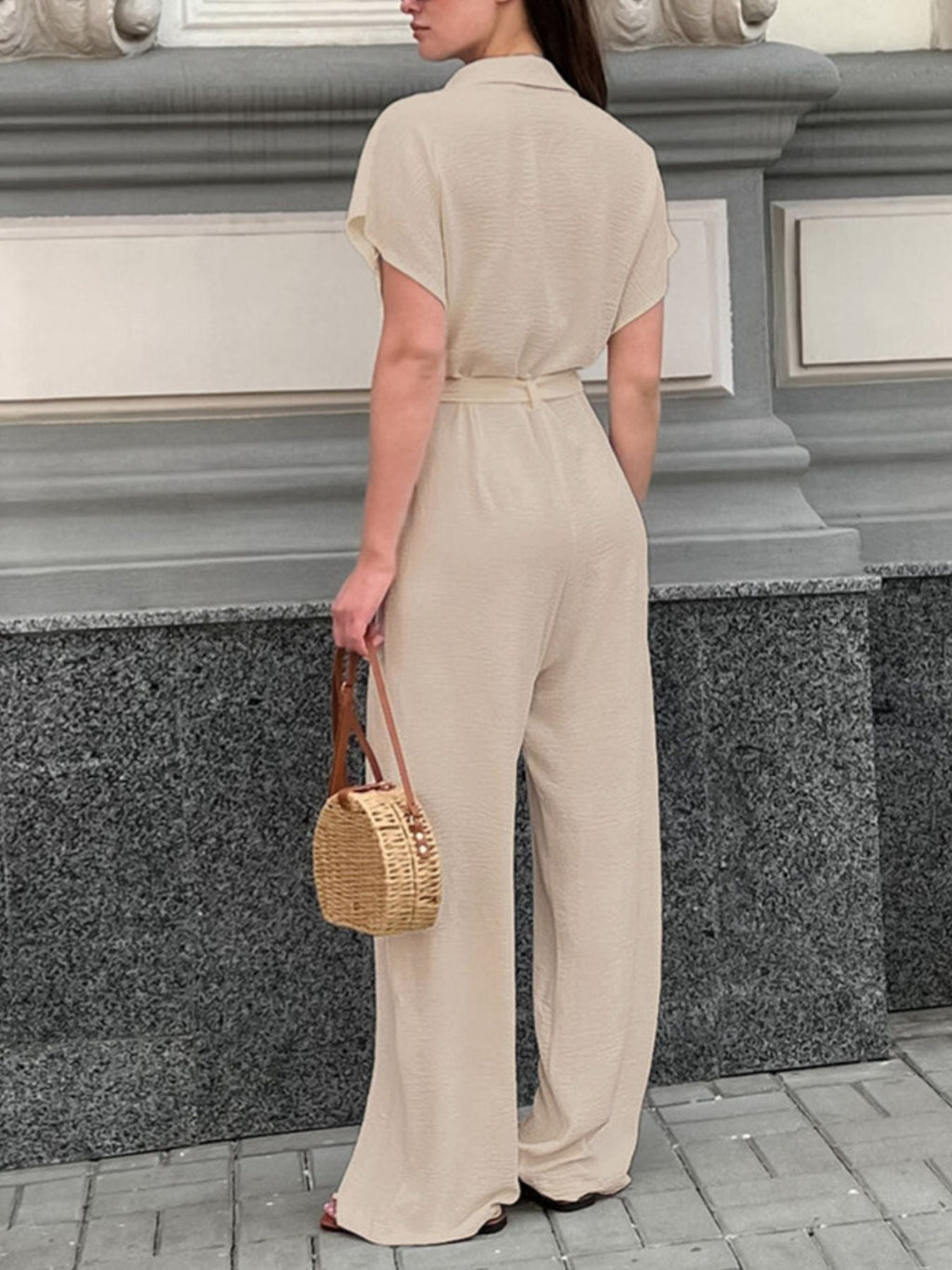 Chest Pocket Short Sleeve Wide Leg Jumpsuit
