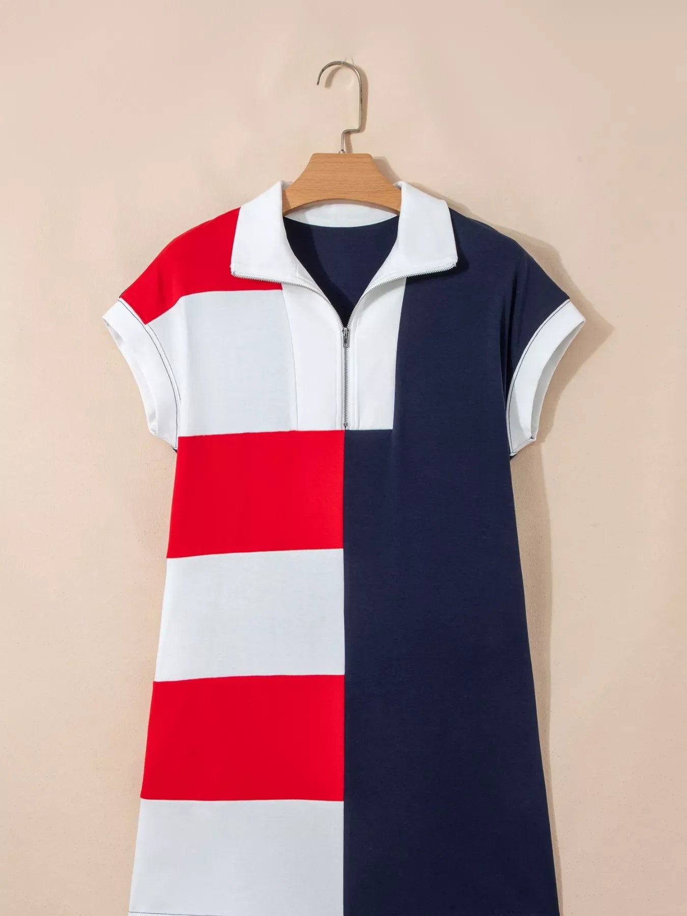 Americana Colorblock Stripes Zip up Collared T Shirt Mini Dress