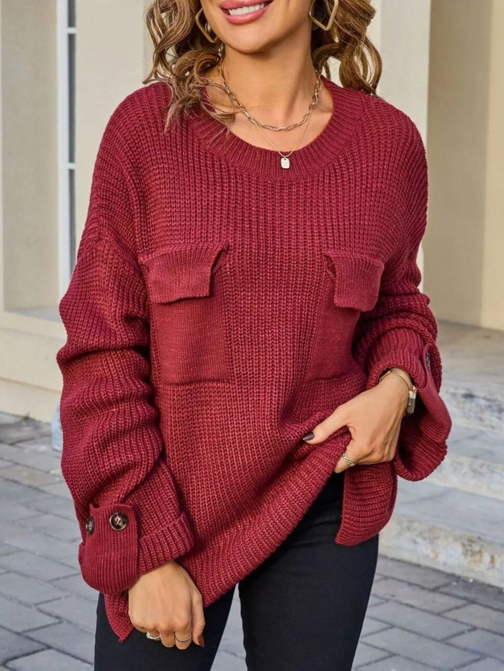Pocket Detail Round Neck Sweater