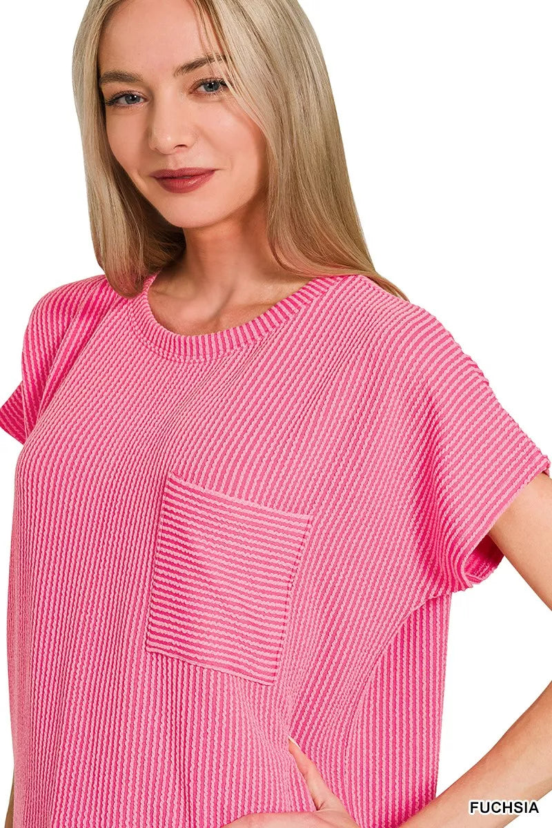Zenana Raised Rib Front Pocket Boxy Top