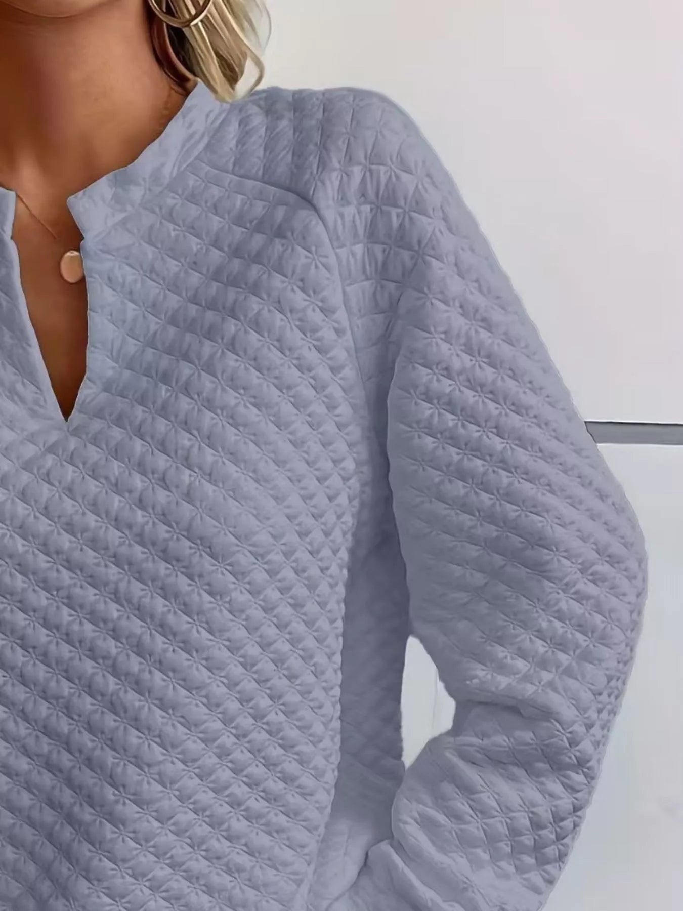 Quilted Texture Long Sleeve Sweatshirt with Notched Neck