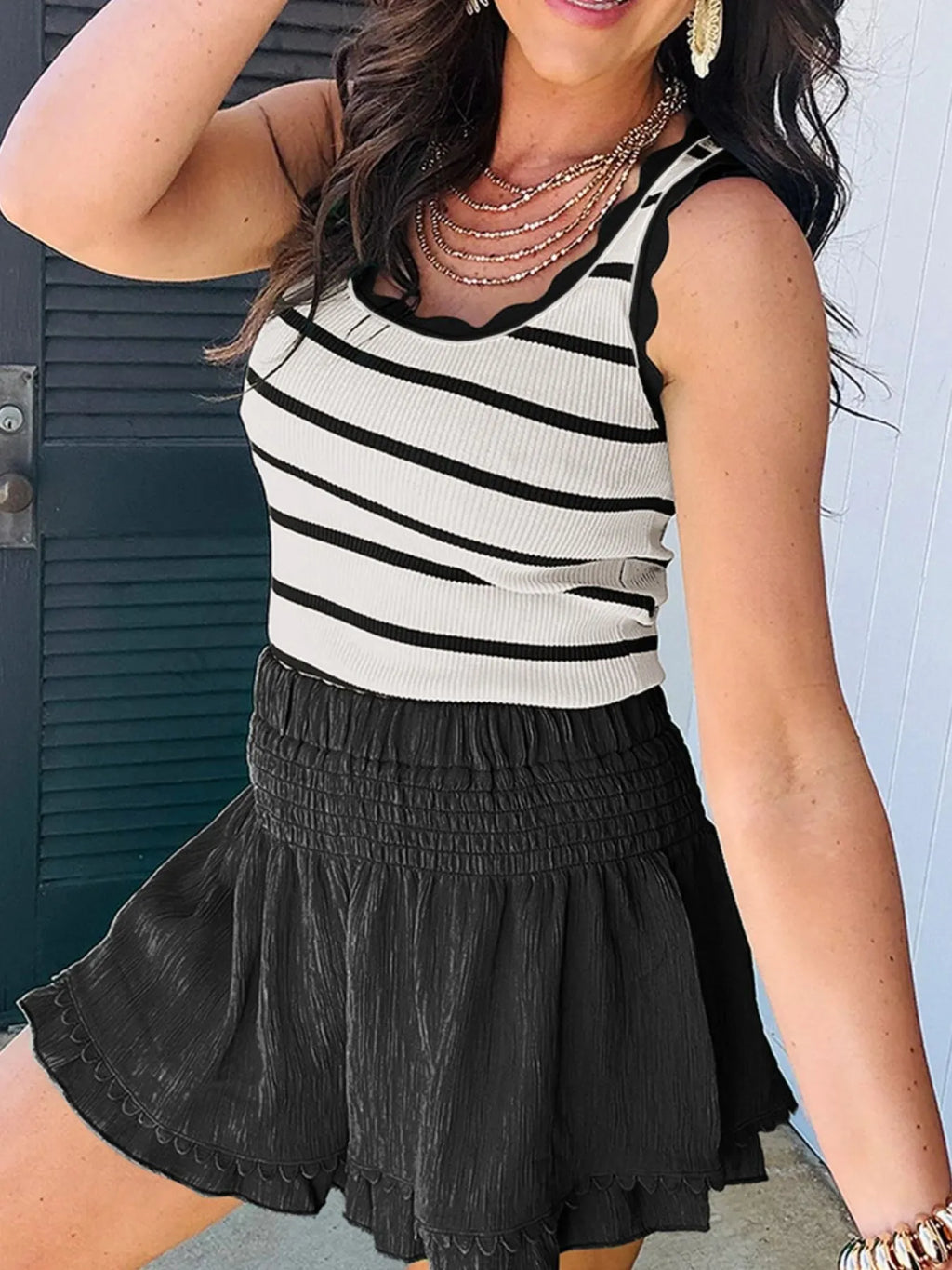 Stripe Scalloped Edge Crew Neck Knit Tank Top