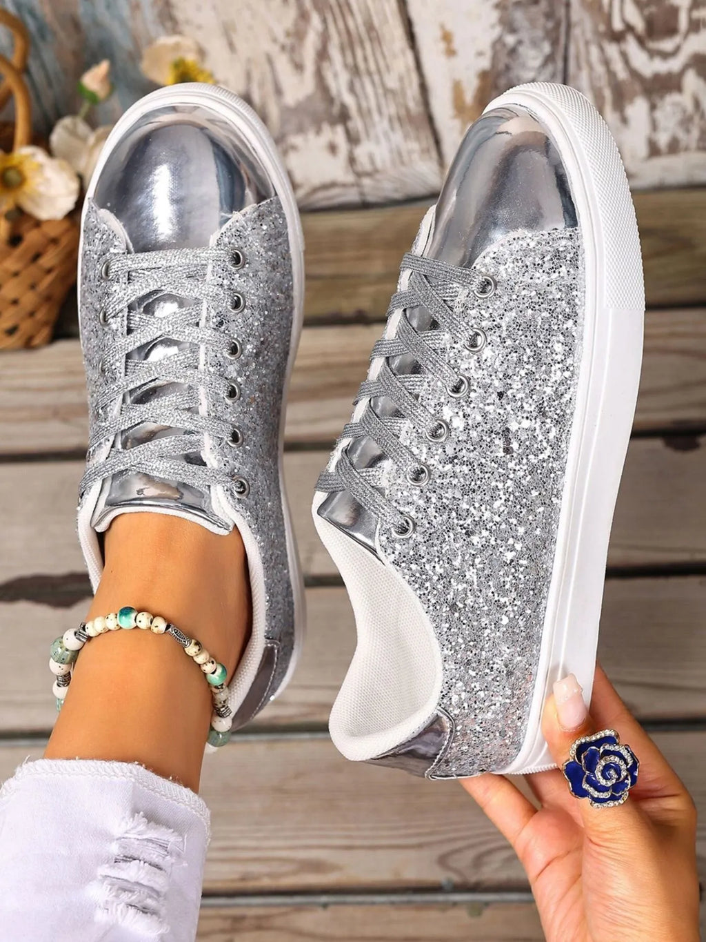 Sequin Lace Up Sneakers