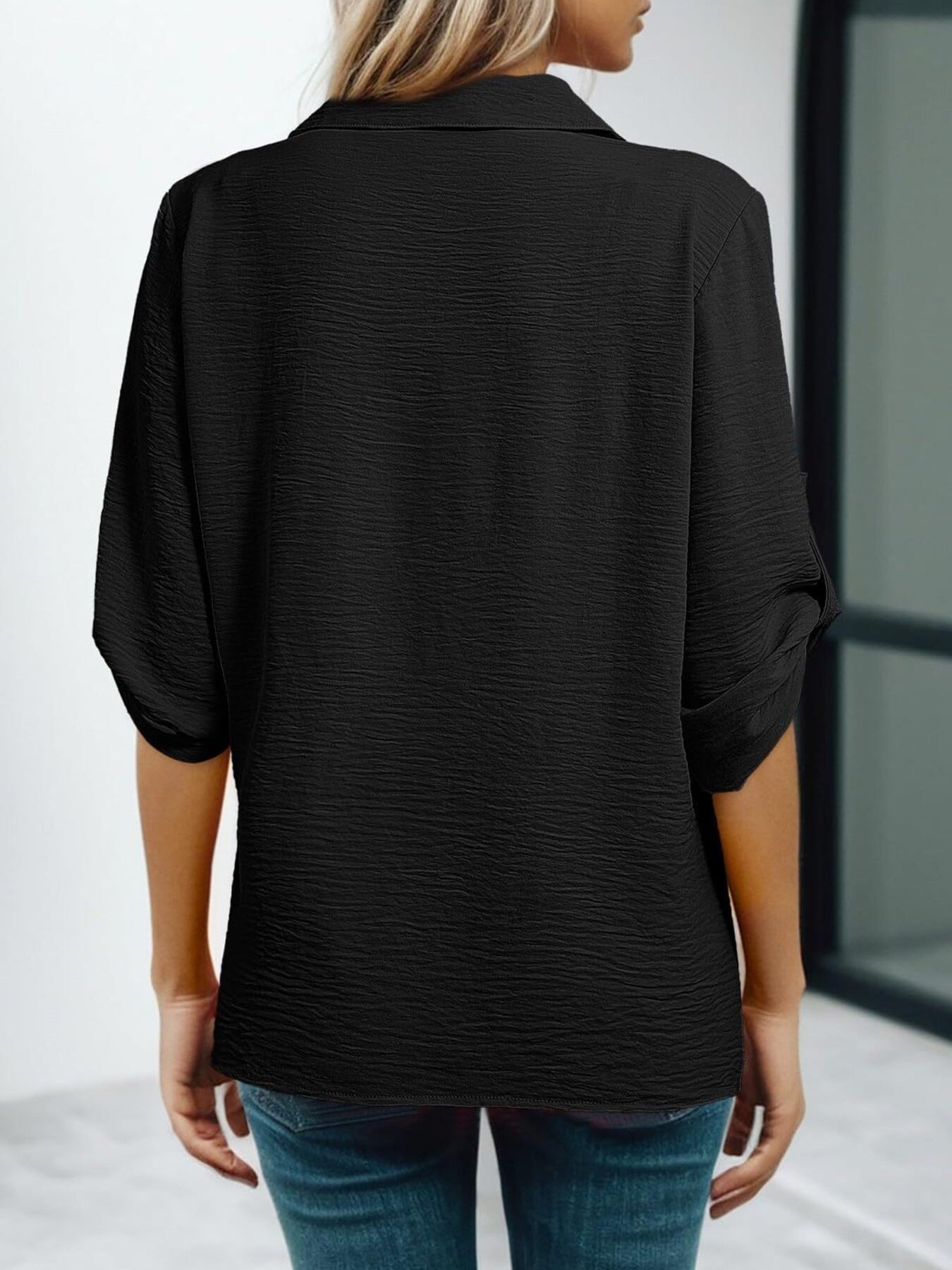 Johnny Collar Roll-Up Sleeve Blouse
