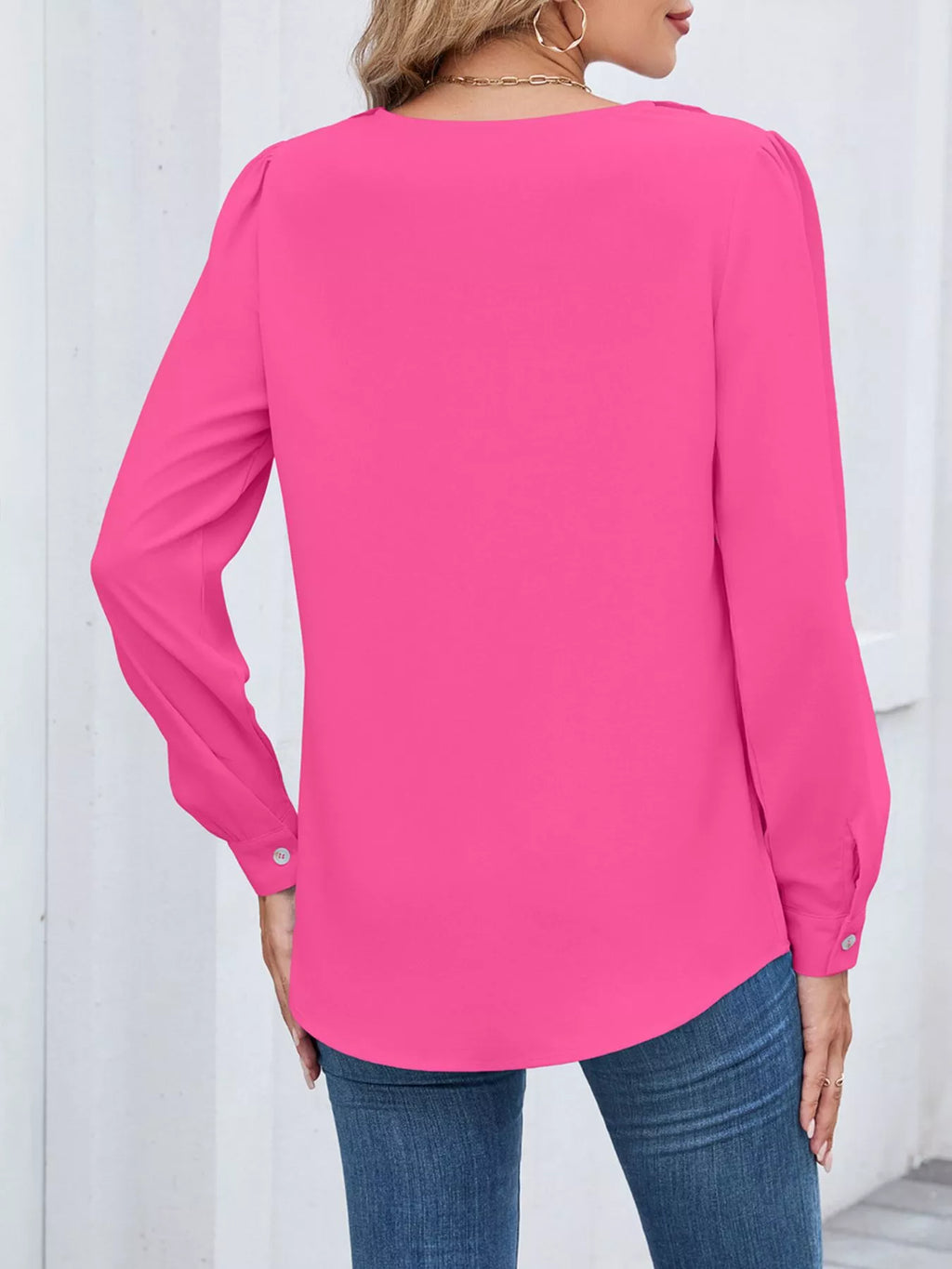 Ruffled V-Neck Long Sleeve Blouse