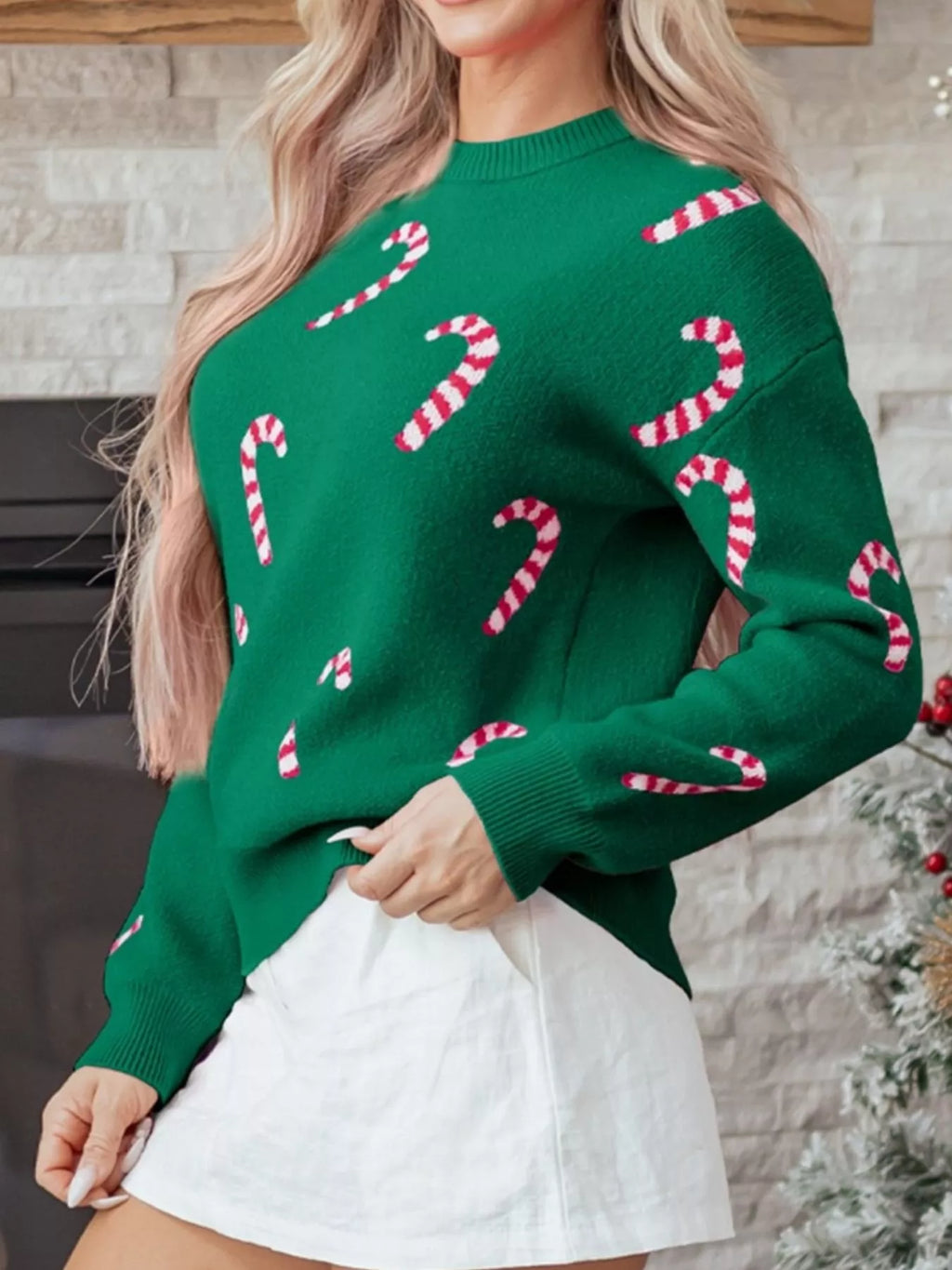 Christmas Candy Cane Holiday Drop Shoulder Sweater