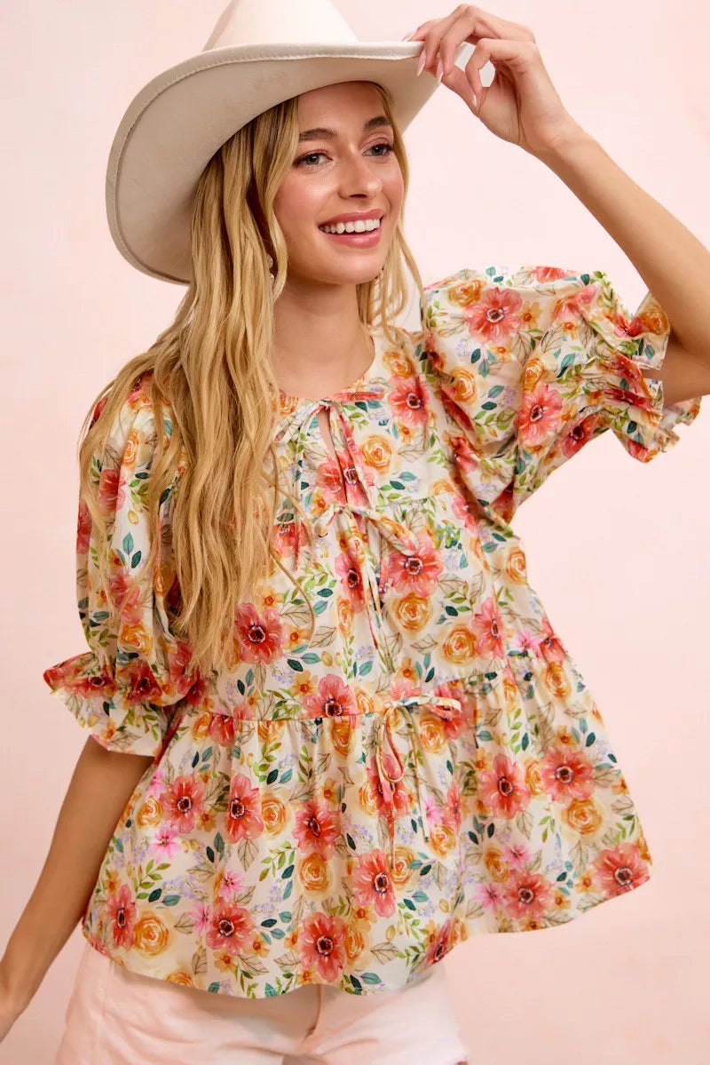 BiBi Flower Printed Shirring Detail Blouse Top