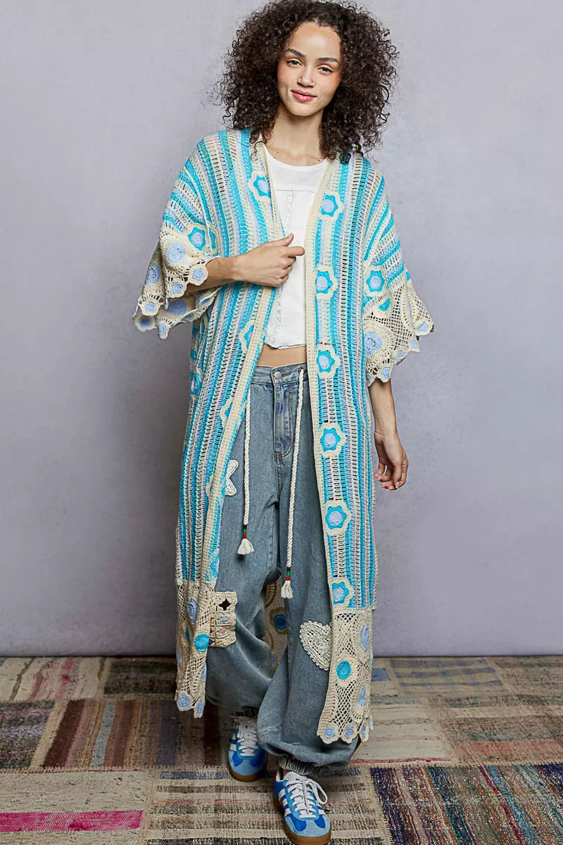 POL Striped and Floral Pattern Crochet Longline Cardigan