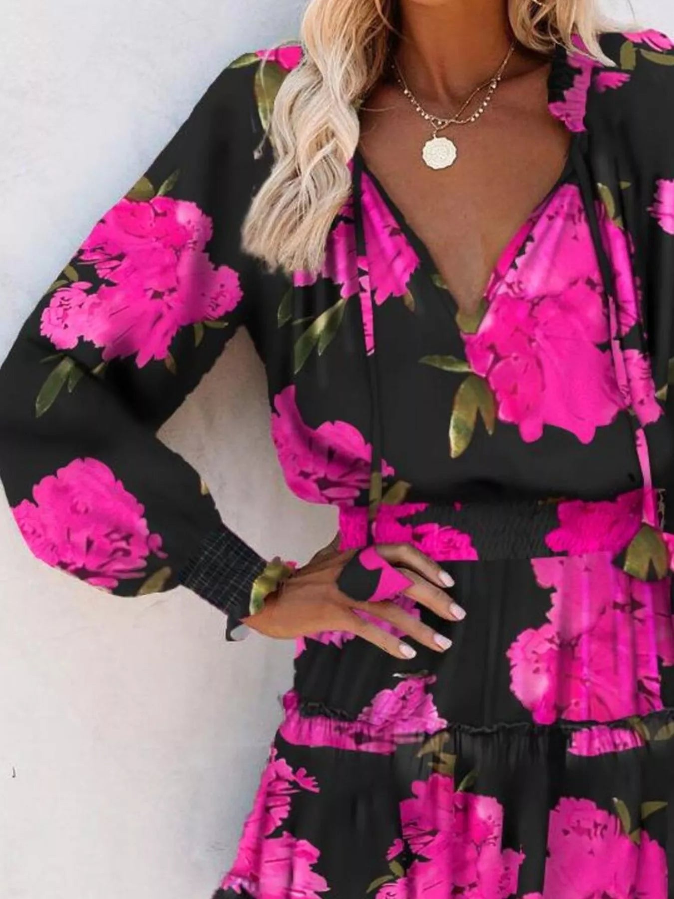 Tie Neck Lantern Sleeve Dress