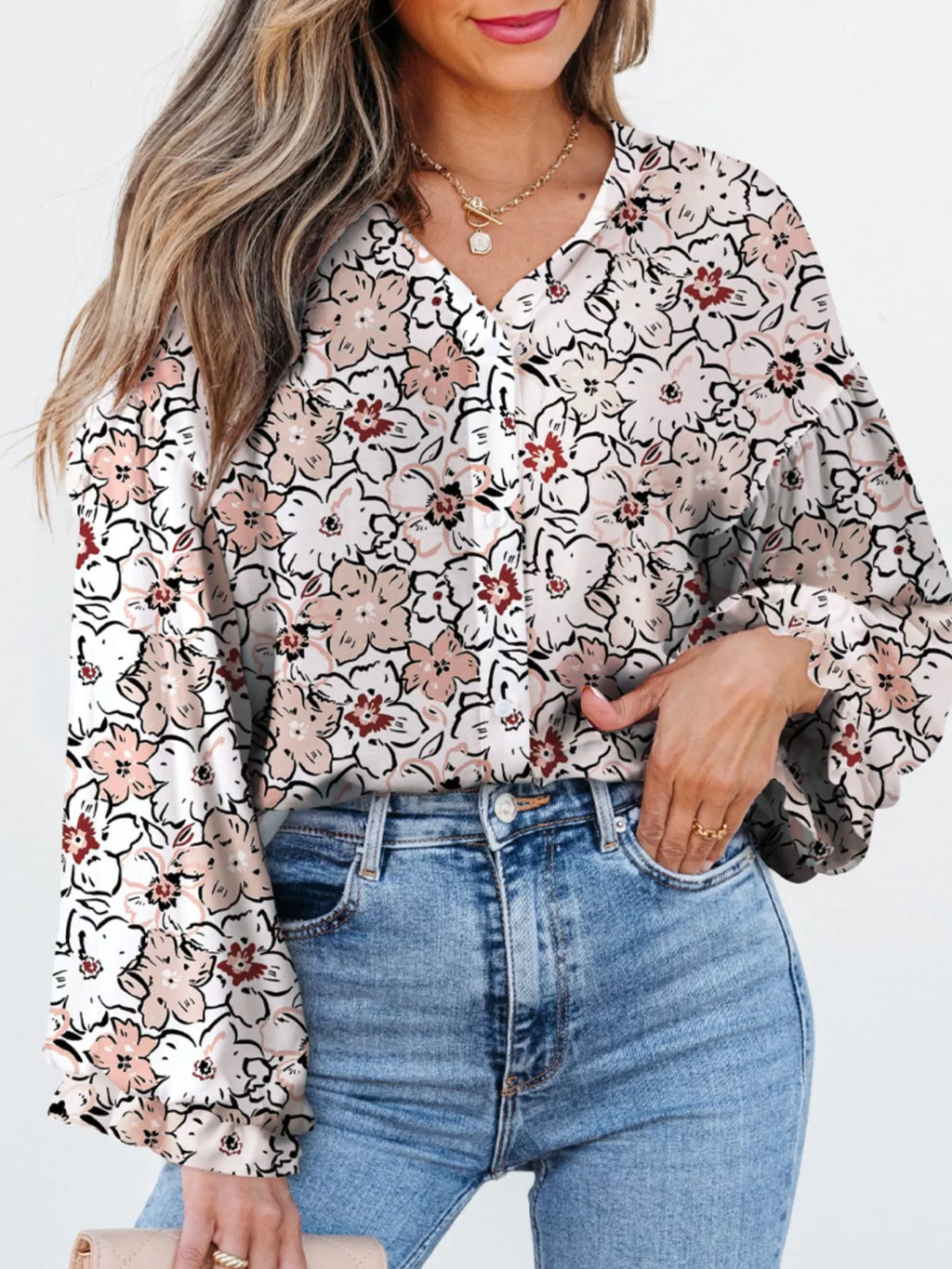 Floral Print Frilled Puff Sleeve Button Down Shirt