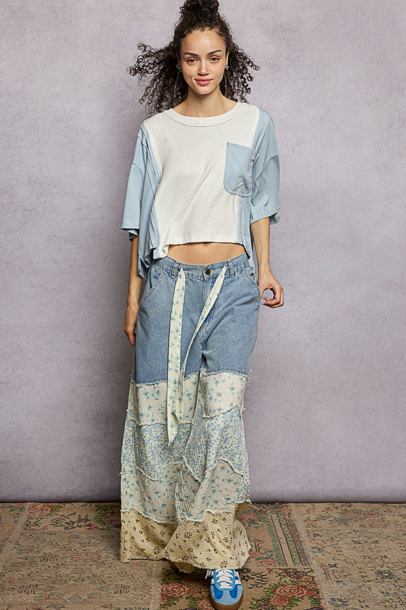 POL Color Block Patchwork Cropped T-Shirt