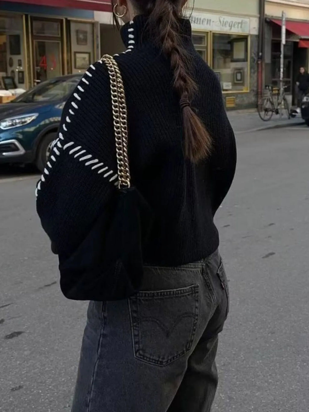 Contrast Mock Neck Long Sleeve Sweater