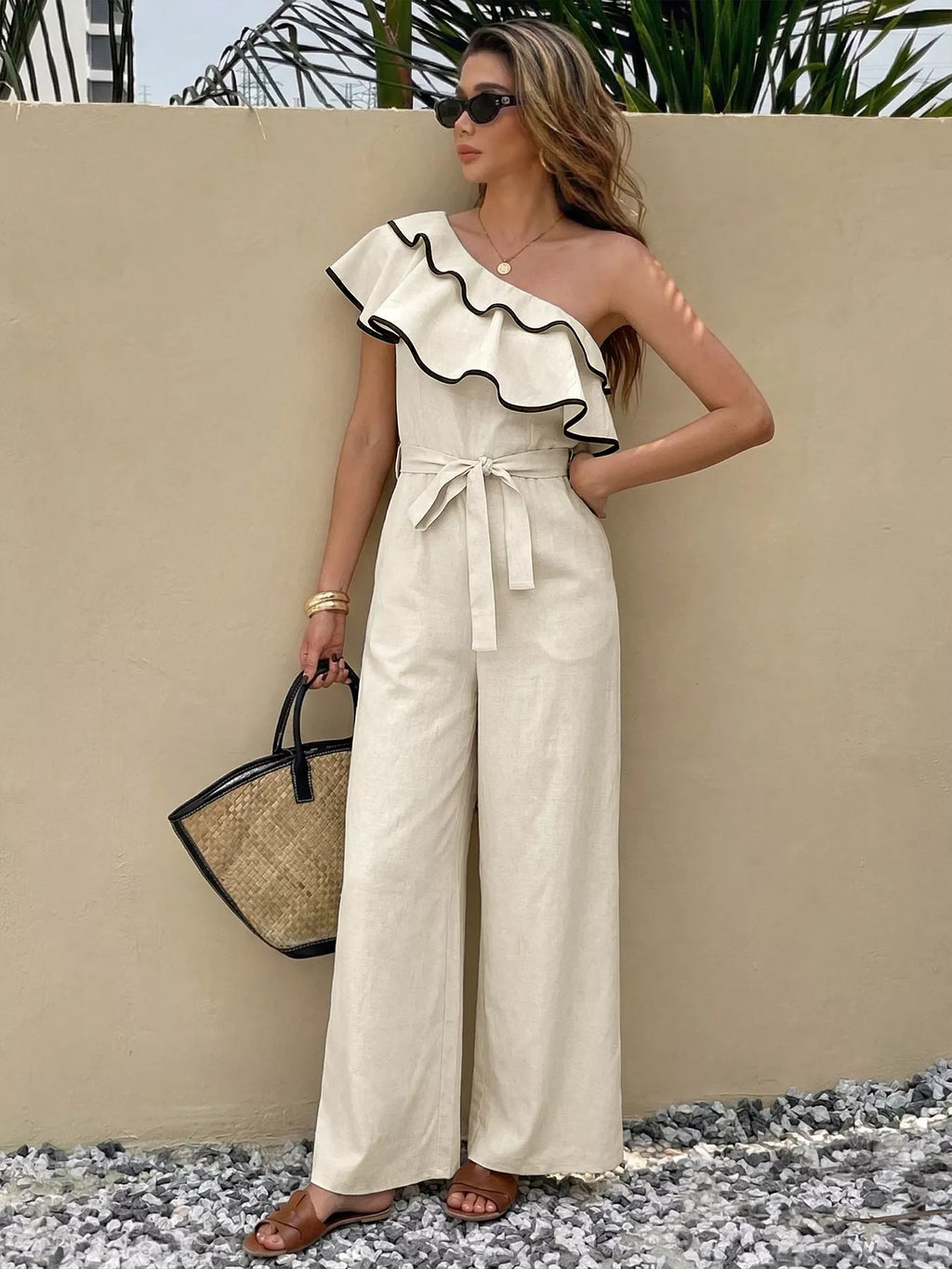 Ruffle One-Shoulder Wide Leg Jumpsuit