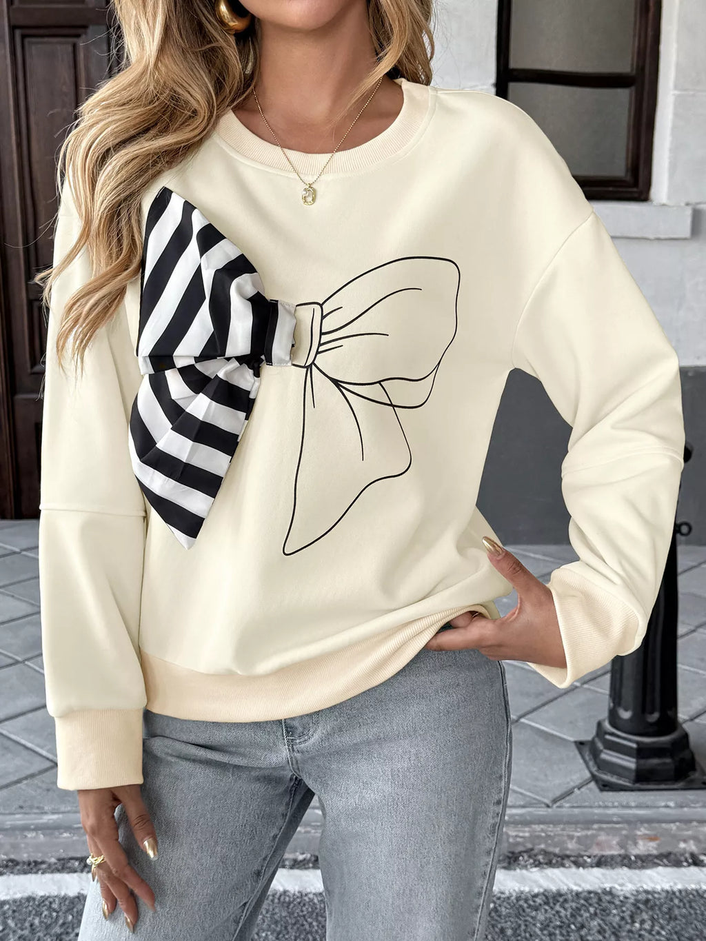 Bow Round Neck Dropped Shoulder Sweatshirt