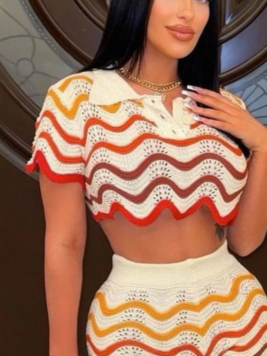 Crochet Knit Sweater Set with Zigzag Pattern