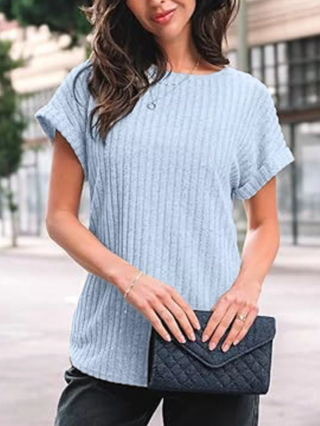 Casual Ribbed Knit Short Sleeve T-Shirt