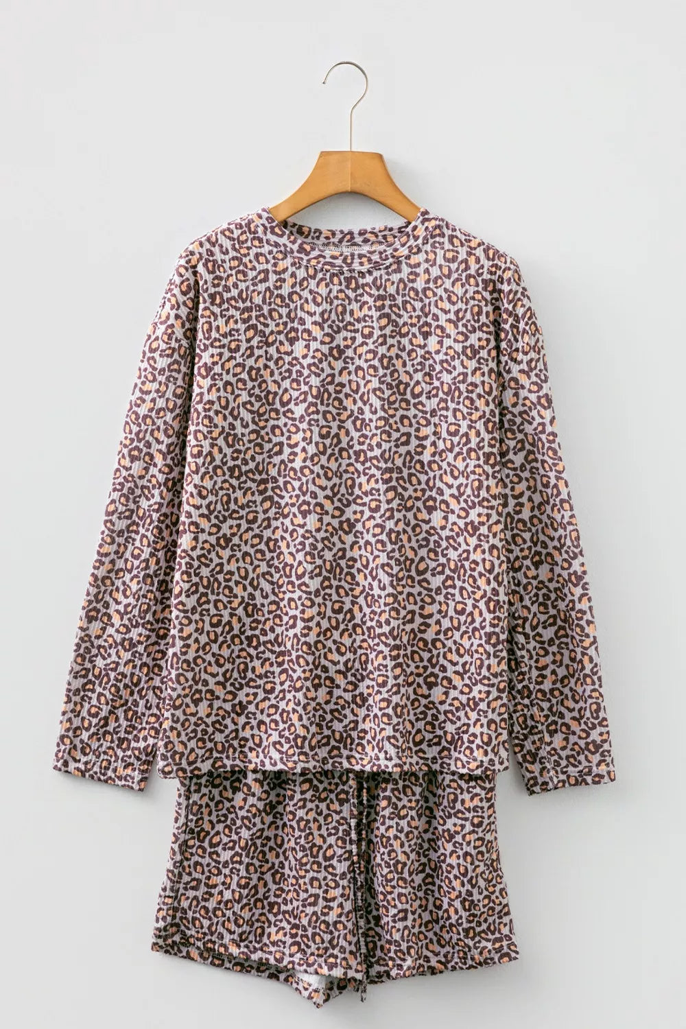 Leopard Ribbed Long Sleeve Top Drawstring Shorts 2pcs Outfit