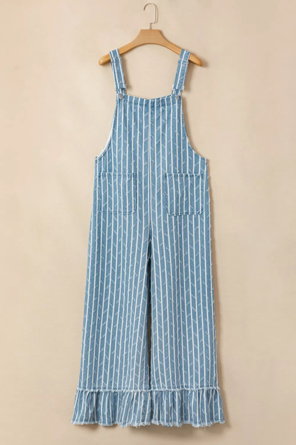 Striped Distressed Ruffled Wide Leg Denim Overalls