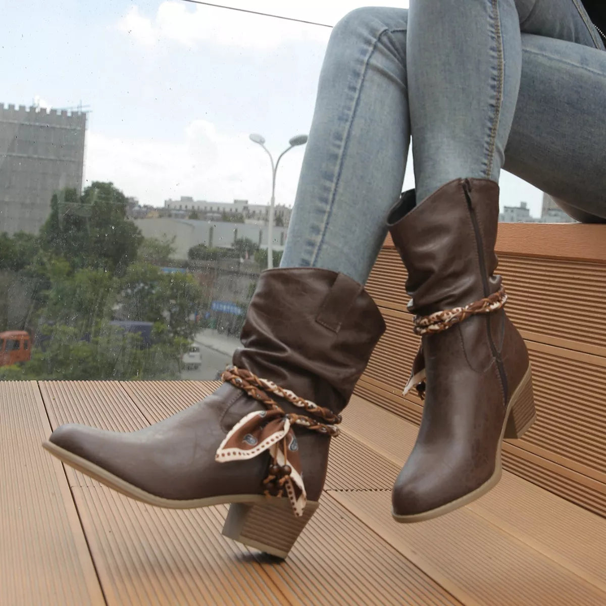 Braided Detail Western Boots with Block Heels