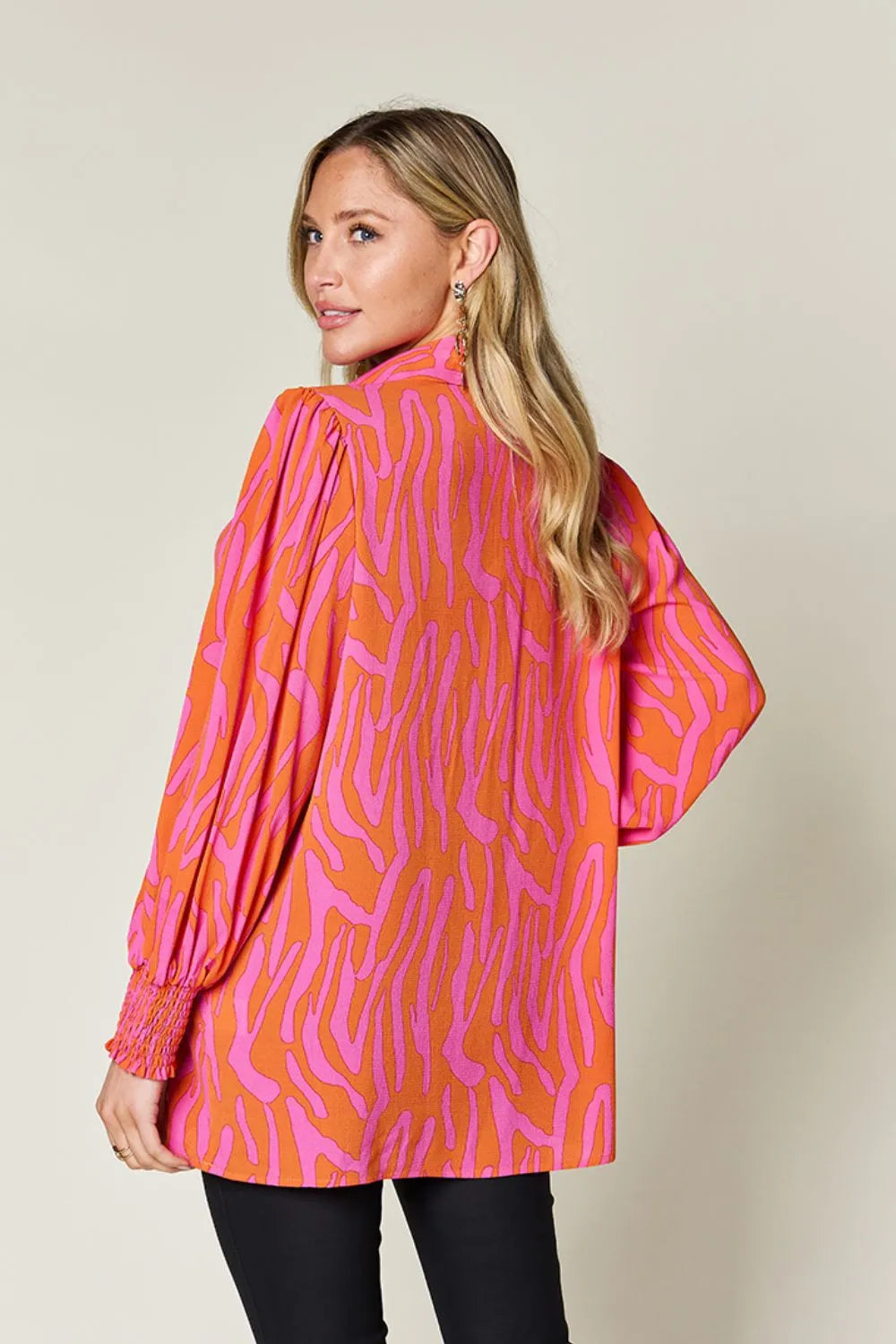 Double Take Full Size Printed Smocked Long Sleeve Blouse Plus Size