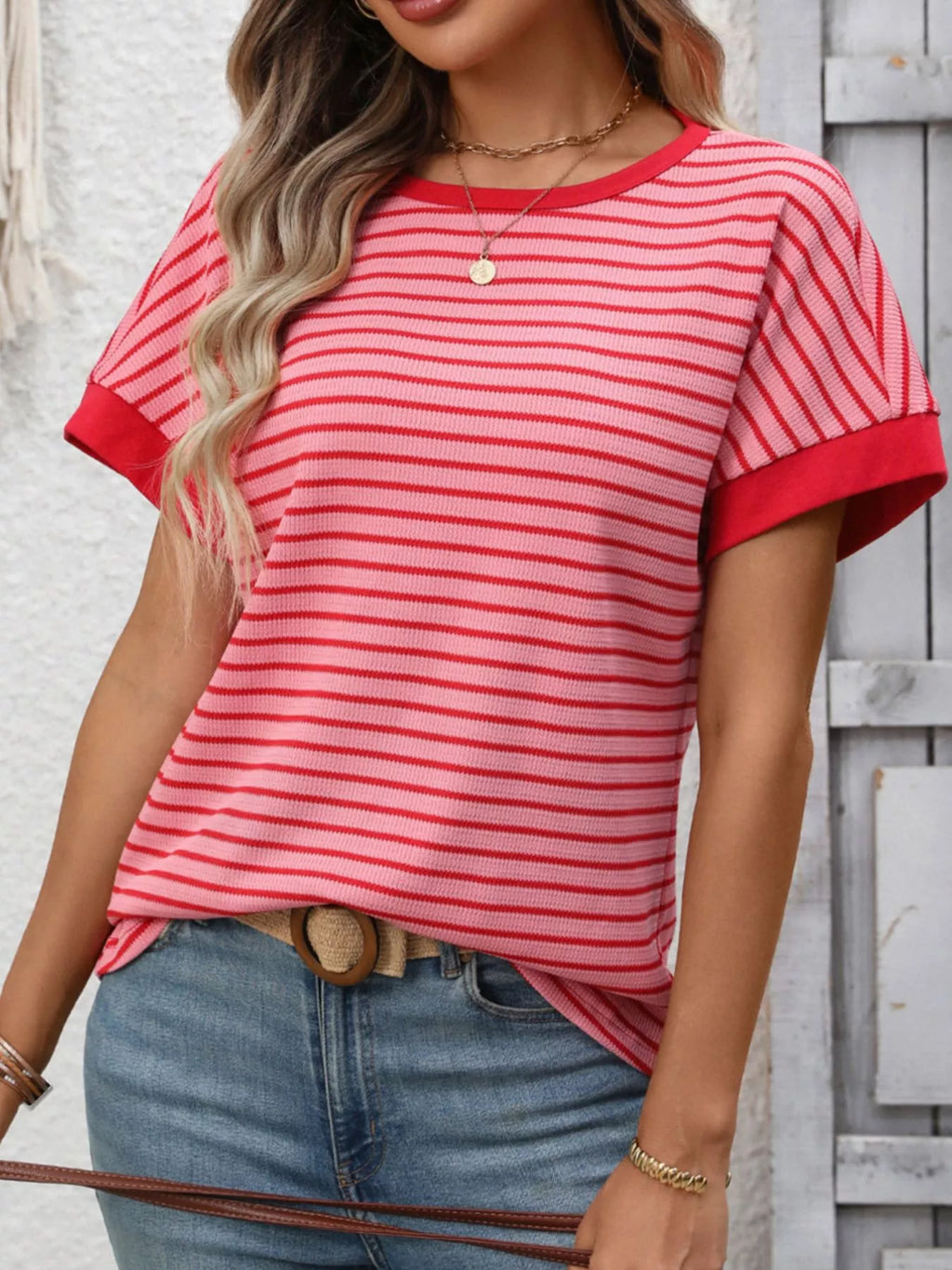 Striped Ribbed Knit Short Sleeve T-Shirt